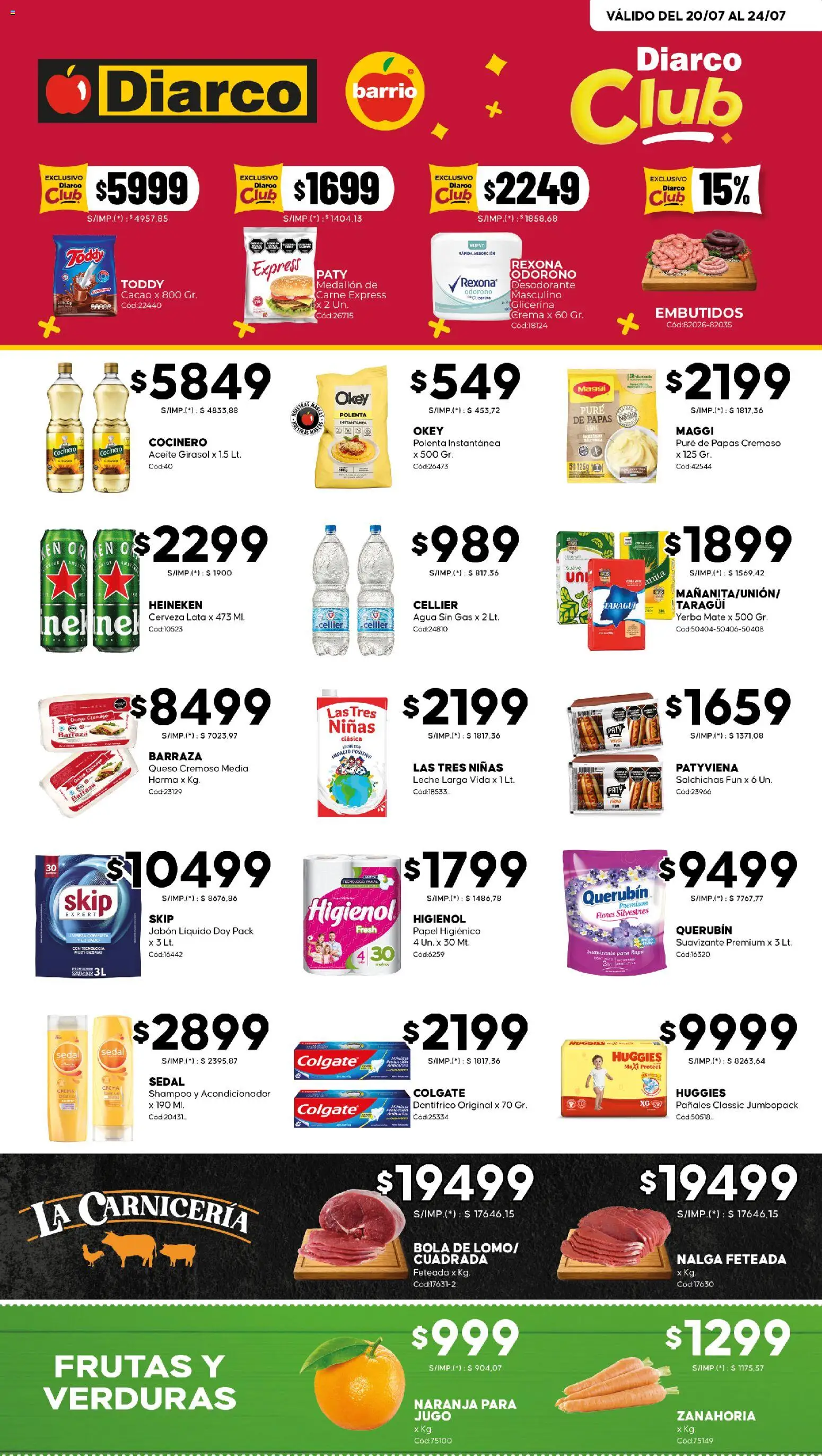 Vista previa del folleto de la tienda Diarco válido desde el 20/07/2026 - Papas, Yerba, Carne, Leche, Zanahoria, Desodorante, Jugo, Embutidos