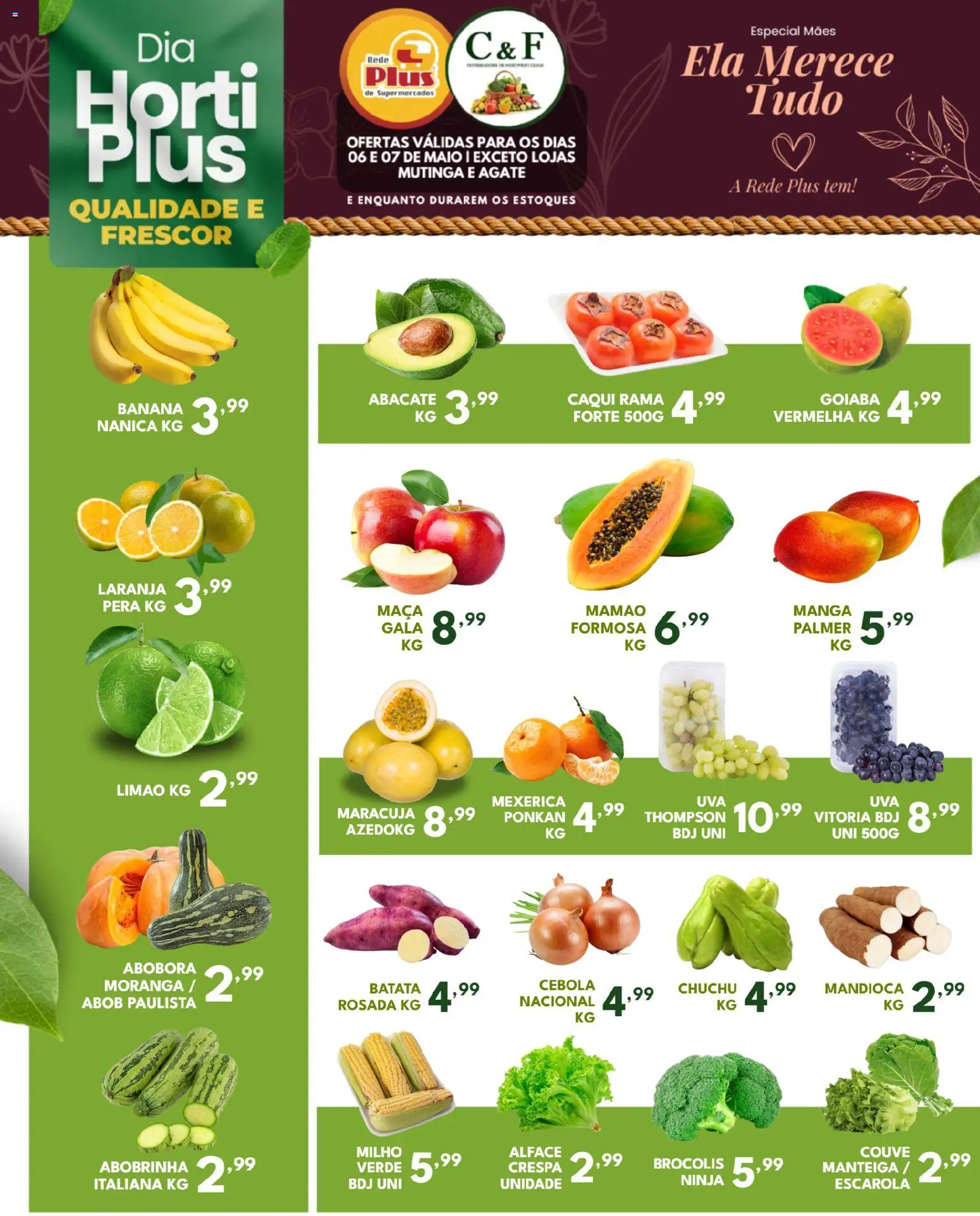 Pré-Visualização do folheto "Rede Plus Supermercados - Ofertas da semana" da loja Rede Plus Supermercados válido a partir de 06/05/2026 - Manga, Moranga, Chuchu, Abóbora, Goiaba, Manteiga, Milho, Cebola