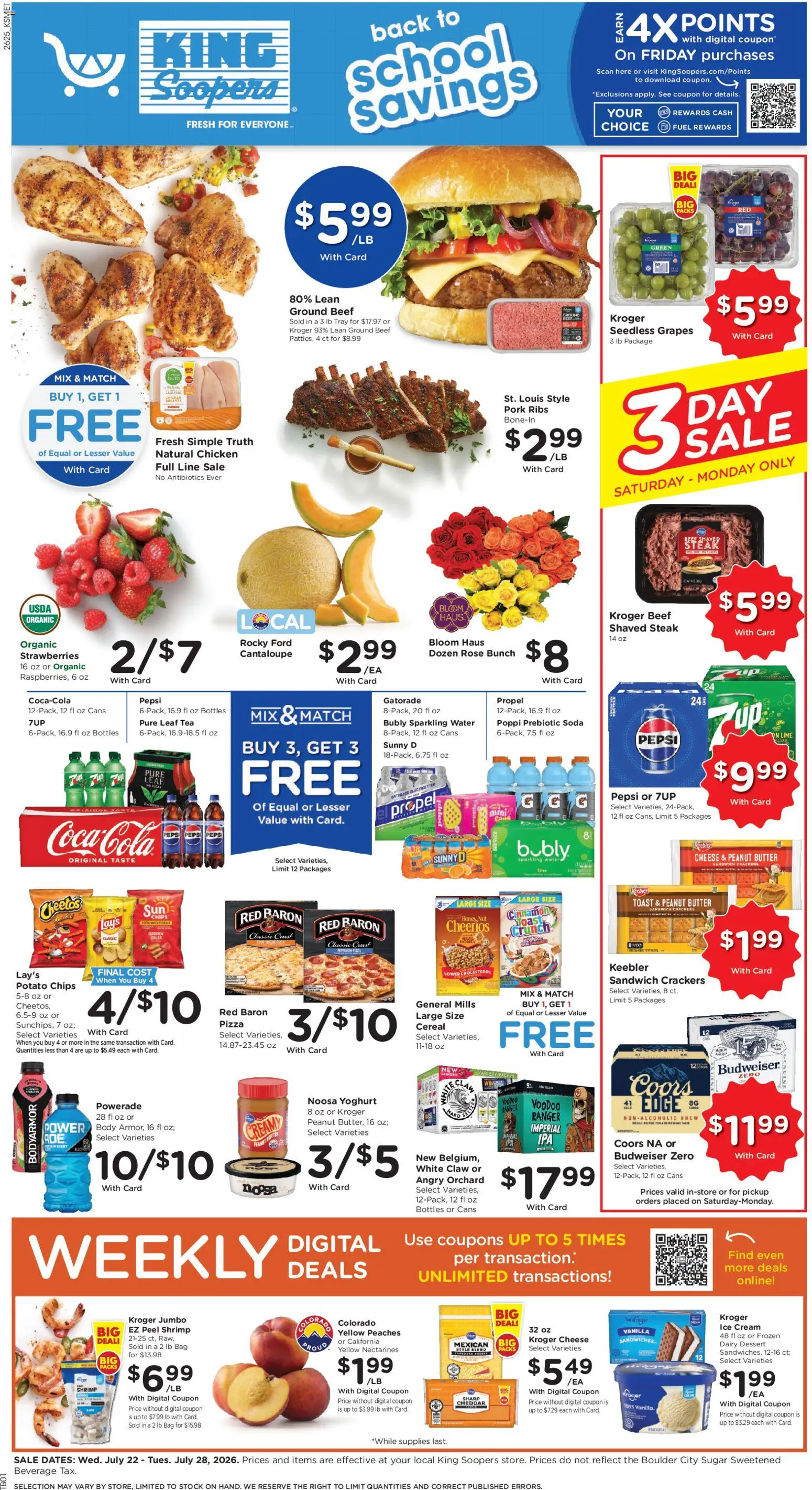 Ad Preview of King Soopers King Soopers Weekly Ad from 07/22/2026 - Water, Strawberries, Cereal, Beef, Ground beef, Cream, Vanilla, Chicken