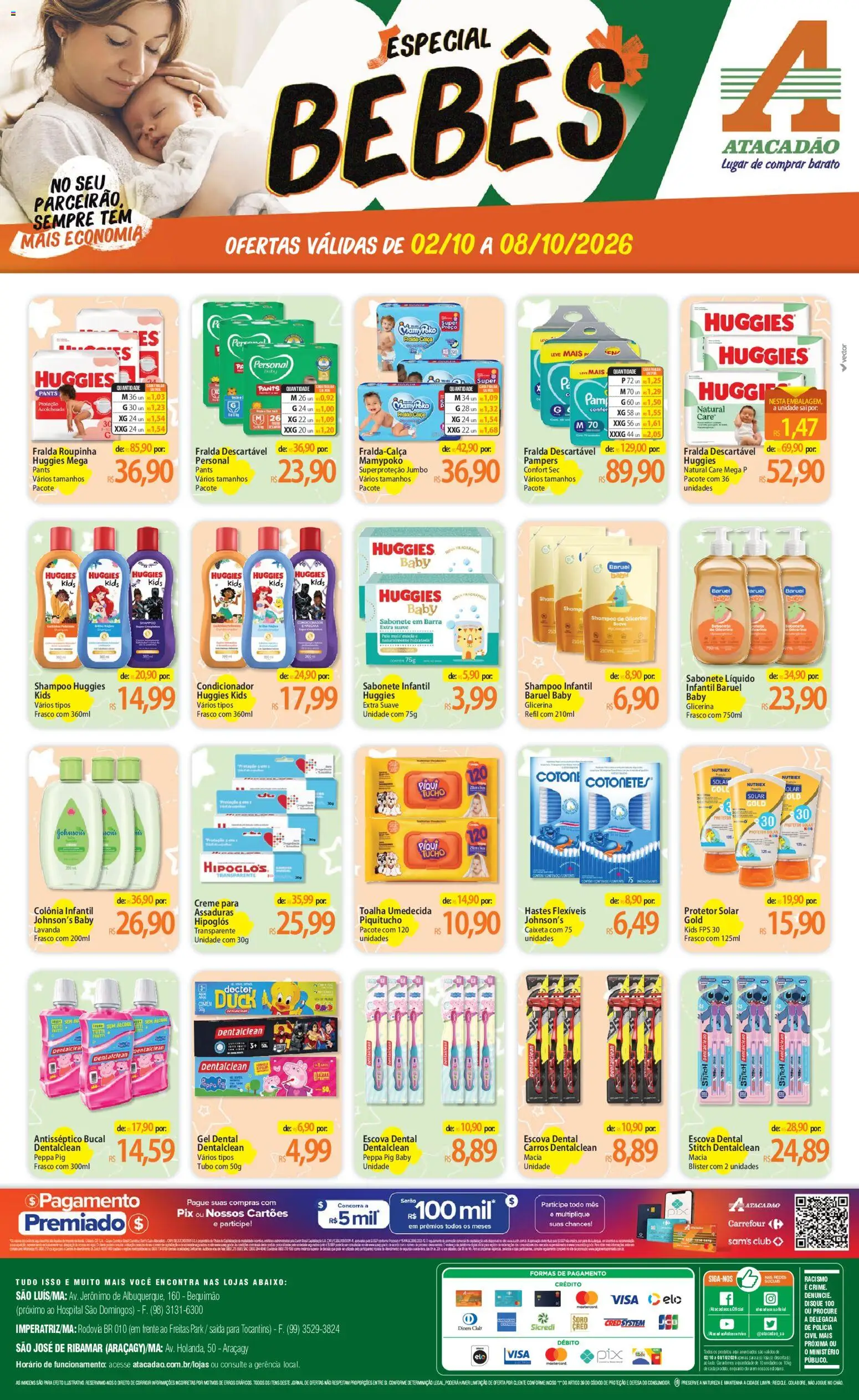 Pré-Visualização do folheto "Atacadão ofertas - MA" da loja Atacadão válido a partir de 02/10/2026 - Protetor solar, Álcool, Sabonete, Pampers, Escova, Condicionador, Shampoo infantil, Toalha umedecida