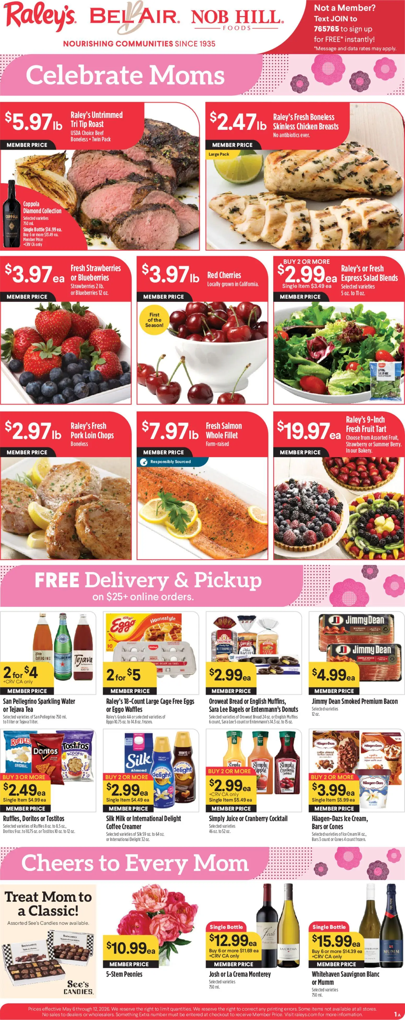 Ad Preview of Raley's Raley's Weekly Ad from 05/06/2026 - Coffee, Fruit, Cherries, Blueberries, Pork, Muffins, Pork loin, Fresh salmon