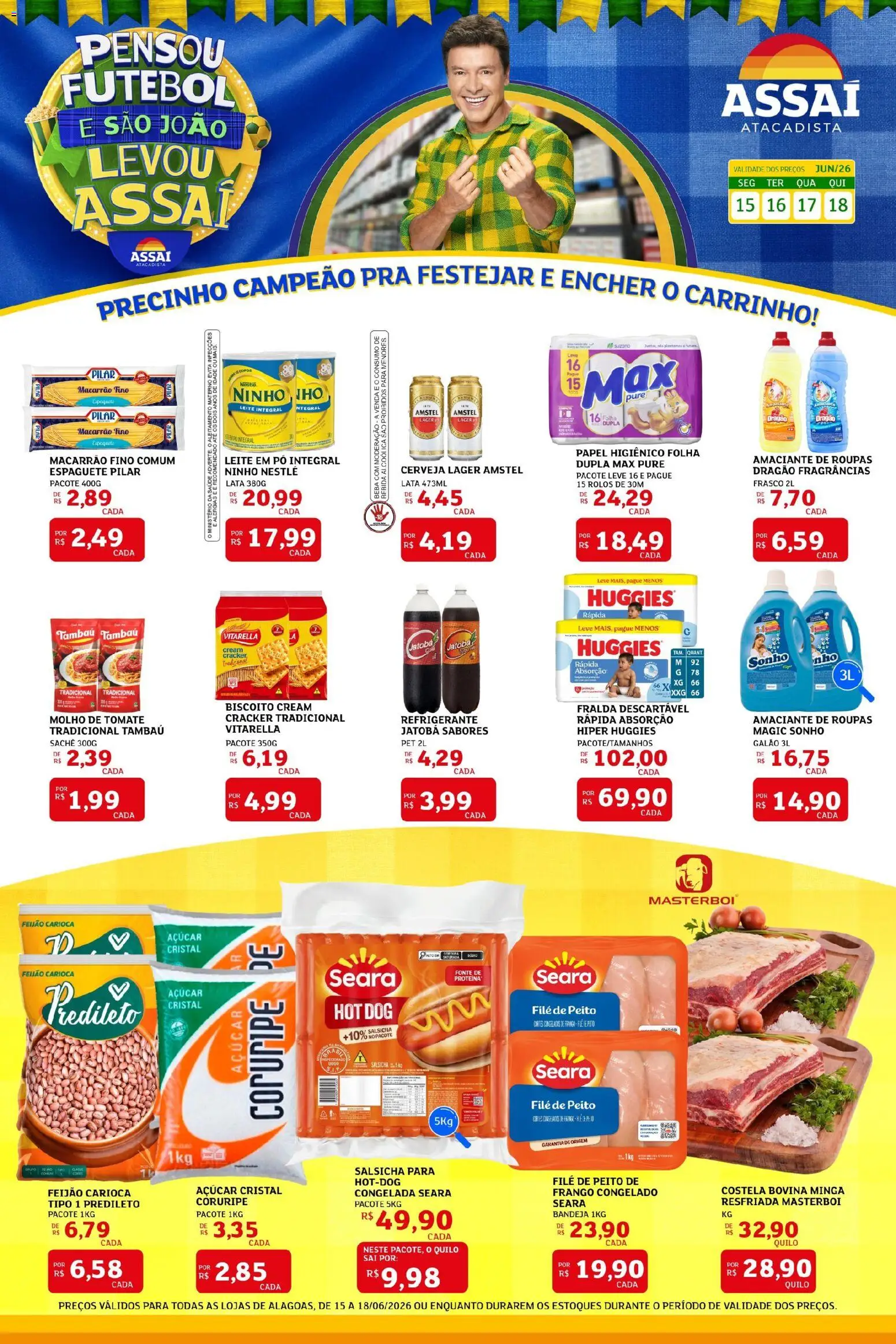 Pré-Visualização do folheto "Assaí Atacadista ofertas - AL" da loja Assaí Atacadista válido a partir de 15/06/2026 - Cerveja, Macarrão, Proteína, Leite em pó, Molho de tomate, Espaguete, Leite integral, Açúcar cristal