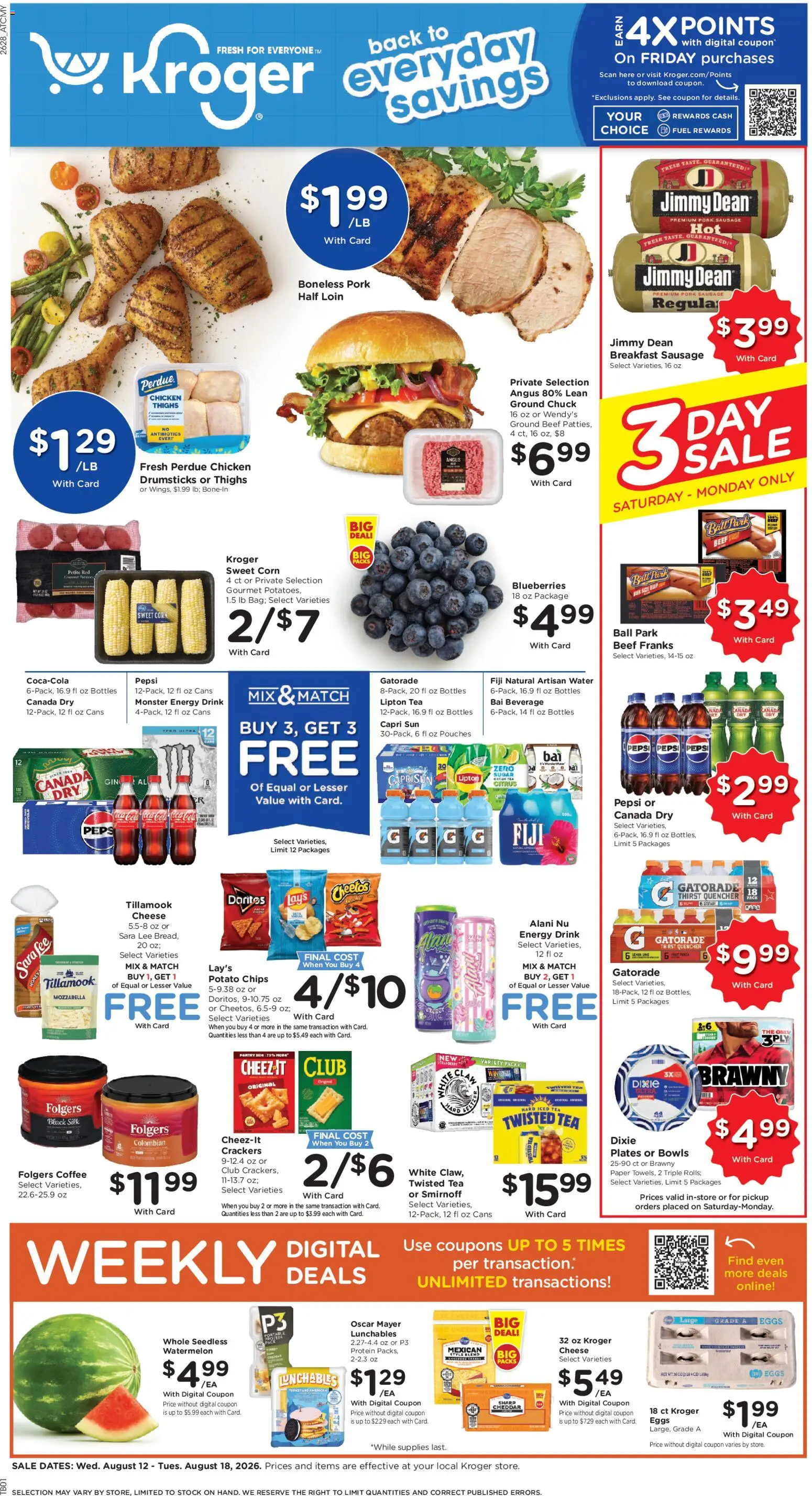 Ad Preview of Kroger Kroger Weekly Ad from 08/12/2026 - Tea, Blueberries, Beef, Crackers, Pork, Mozzarella, Drumsticks, Chicken