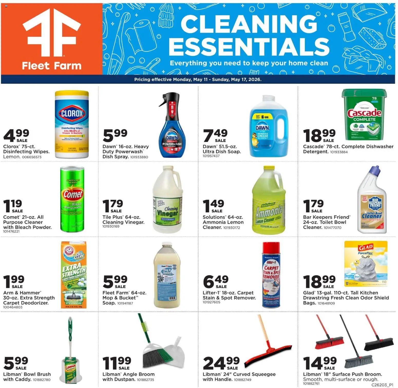 Ad Preview of Mills Fleet Farm Mills Fleet Farm Home & Cleaning from 05/11/2026 - Dishwasher, Lemon, Carpet, Mop, Brush, Disinfecting wipes