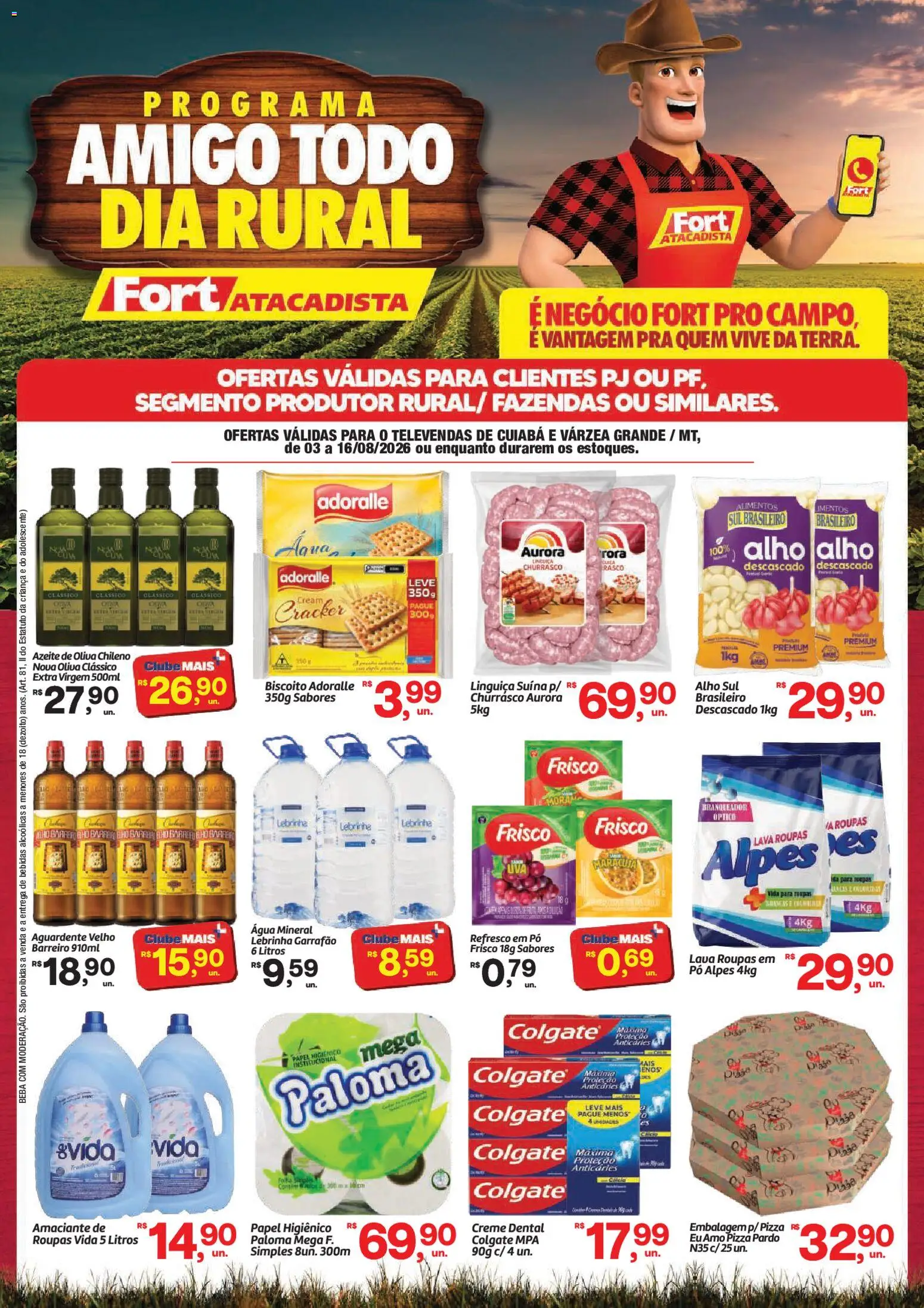 Pré-Visualização do folheto "Fort Atacadista ofertas Rural" da loja Fort Atacadista válido a partir de 03/08/2026 - Pizza, Água, Roupas, Azeite de oliva, Linguiça, Água mineral, Creme dental, Frisco