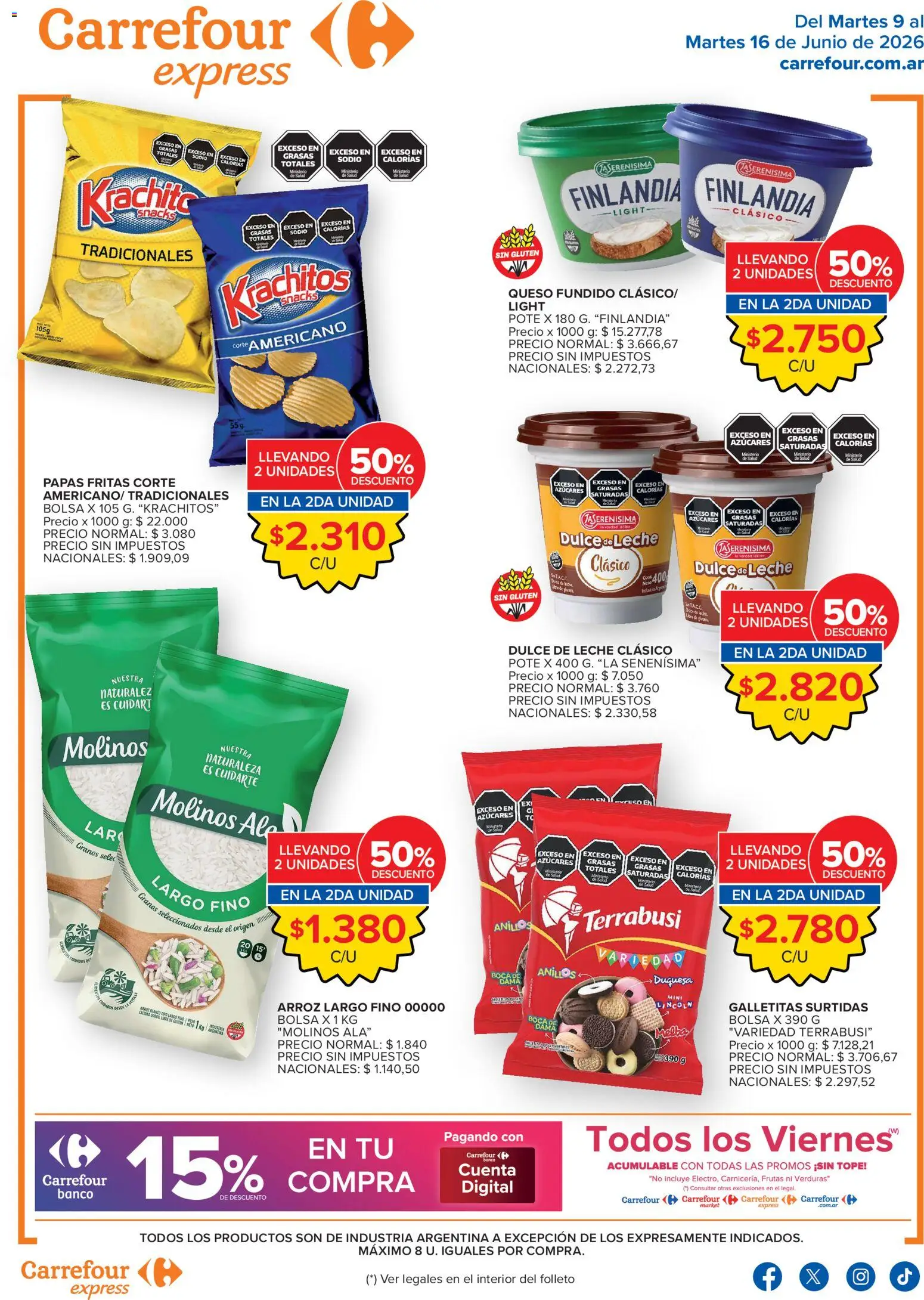 Vista previa del folleto de la tienda Carrefour Express válido desde el 09/06/2026 - Papas, Dulce de leche, Queso, Arroz, Papas fritas, Galletitas, Leche, Dulce