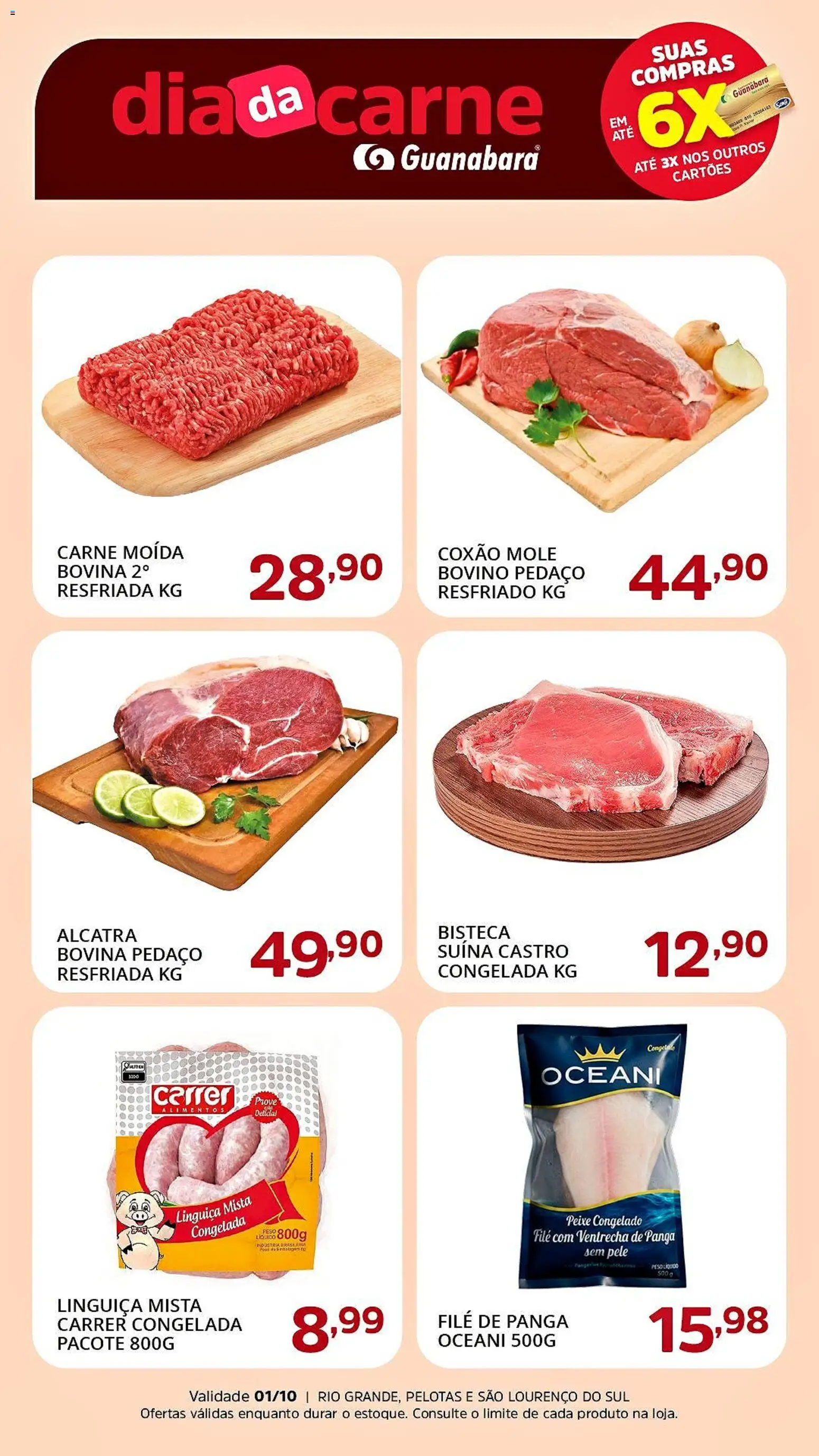 Pré-Visualização do folheto "Supermercado Guanabara - Ofertas da semana" da loja Supermercado Guanabara válido a partir de 01/10/2026 - Peixe, Carne, Alimentos, Carne moída, Linguiça, Alcatra, Carne moída bovina, Coxão mole