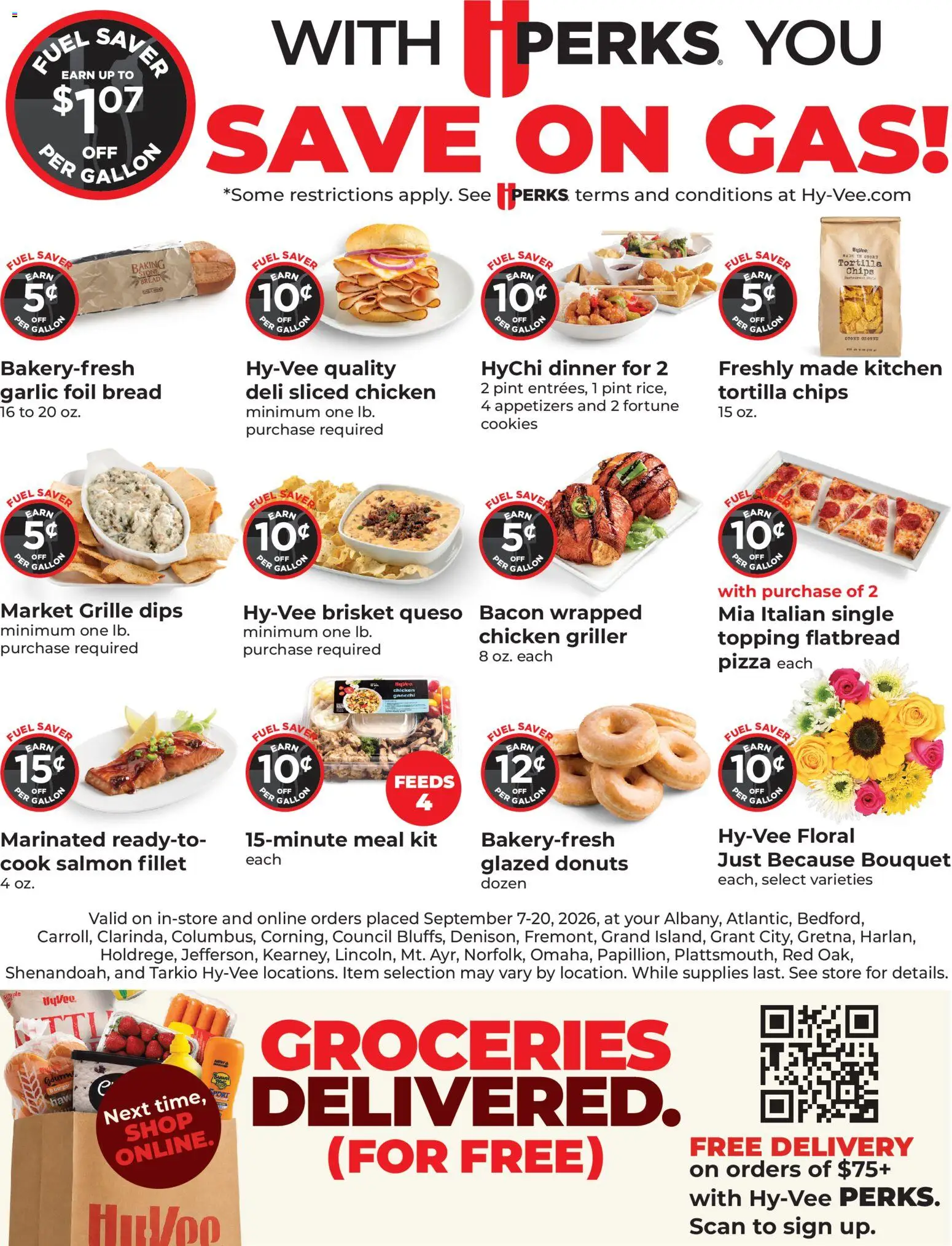 Ad Preview of HyVee HyVee More Fuel Savings from 09/07/2026 - Pizza, Groceries, Cookies, Chips, Bacon, Foil, Salmon fillet, Chicken