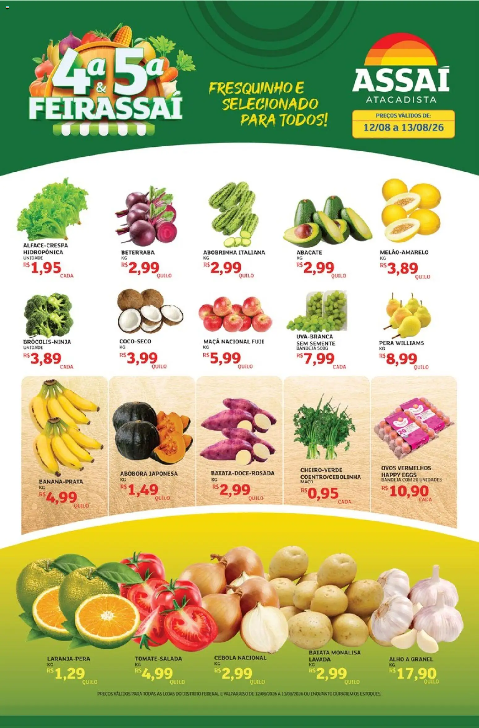 Pré-Visualização do folheto "Assaí Atacadista ofertas - DF" da loja Assaí Atacadista válido a partir de 12/08/2026 - Ovos, Abóbora, Batata, Abobrinha, Beterraba, Abacate, Bandeja, Alho