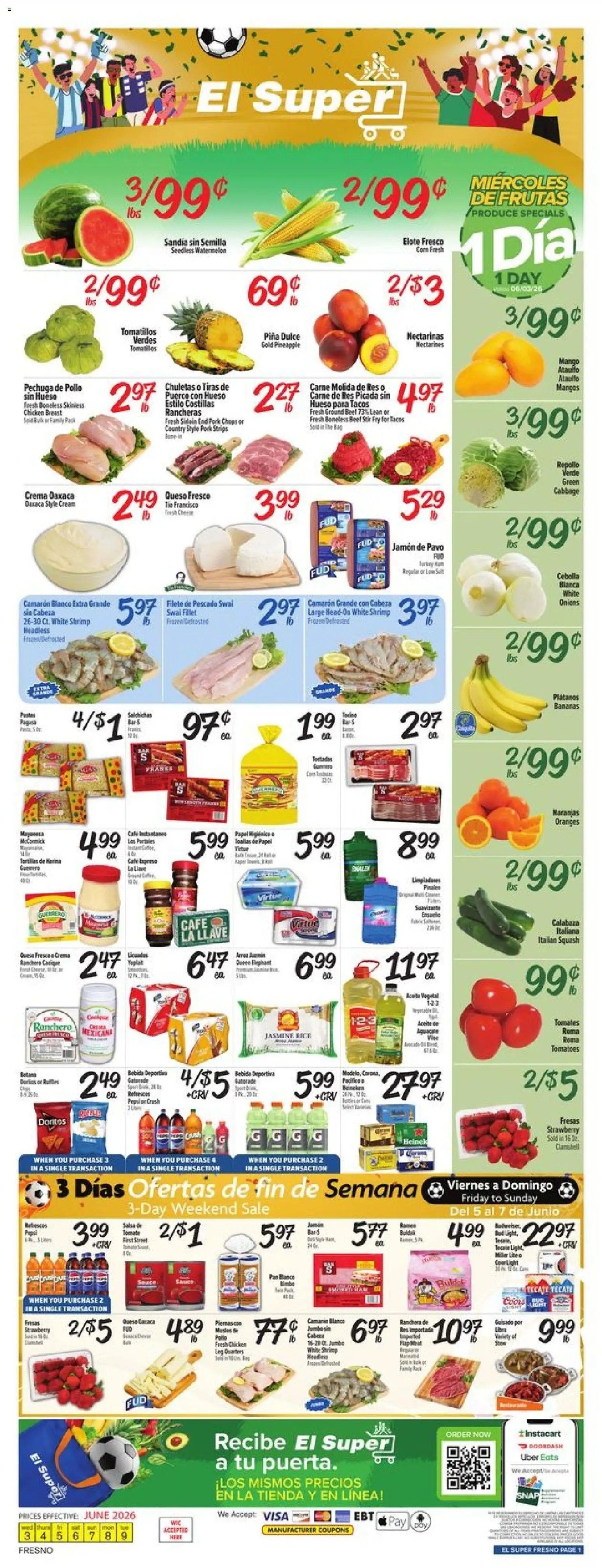 Ad Preview of El Super El Super Weekly Ad - CA from 06/03/2026 - Mango, Oranges, Watermelon, Shrimp, Pineapple, Pepsi, Beef, Cream