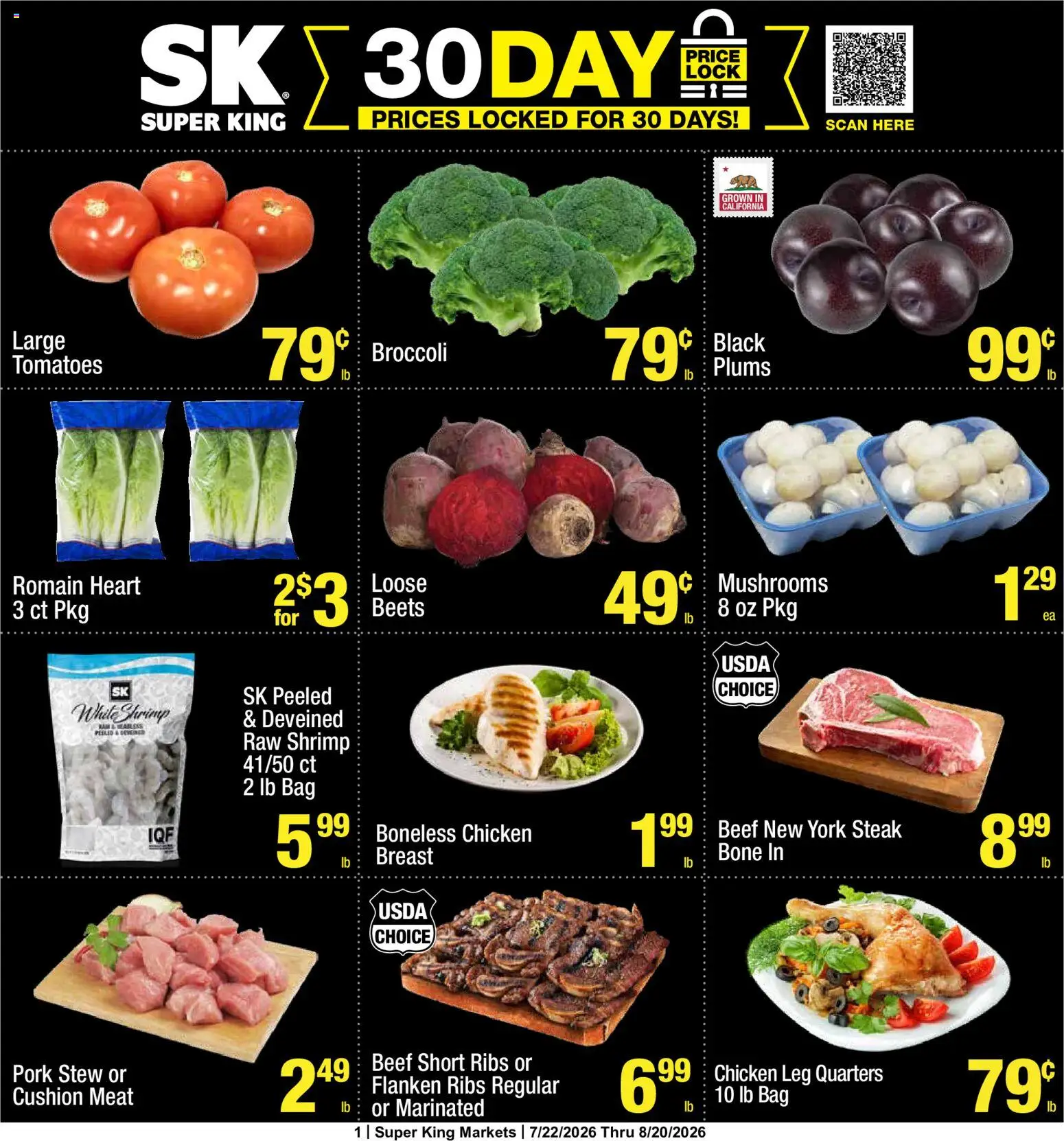 Ad Preview of Super King Super King Weekly Ad from 07/22/2026 - Steak, Broccoli, Mushrooms, Shrimp, Tomatoes, Beef, Bag, Chicken