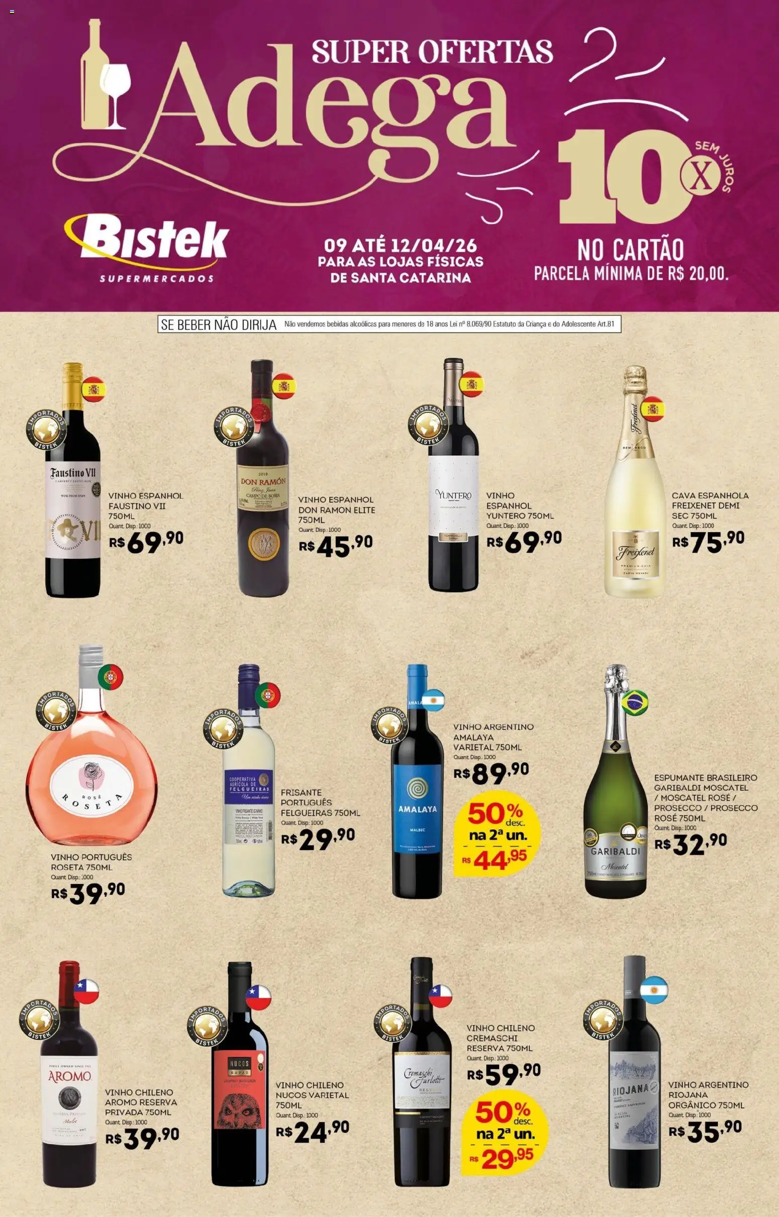 Pré-Visualização do folheto "Bistek Supermercados ofertas Adega" da loja Bistek Supermercados válido a partir de 09/04/2026 - Vinho, Bebidas, Espumante, Prosecco