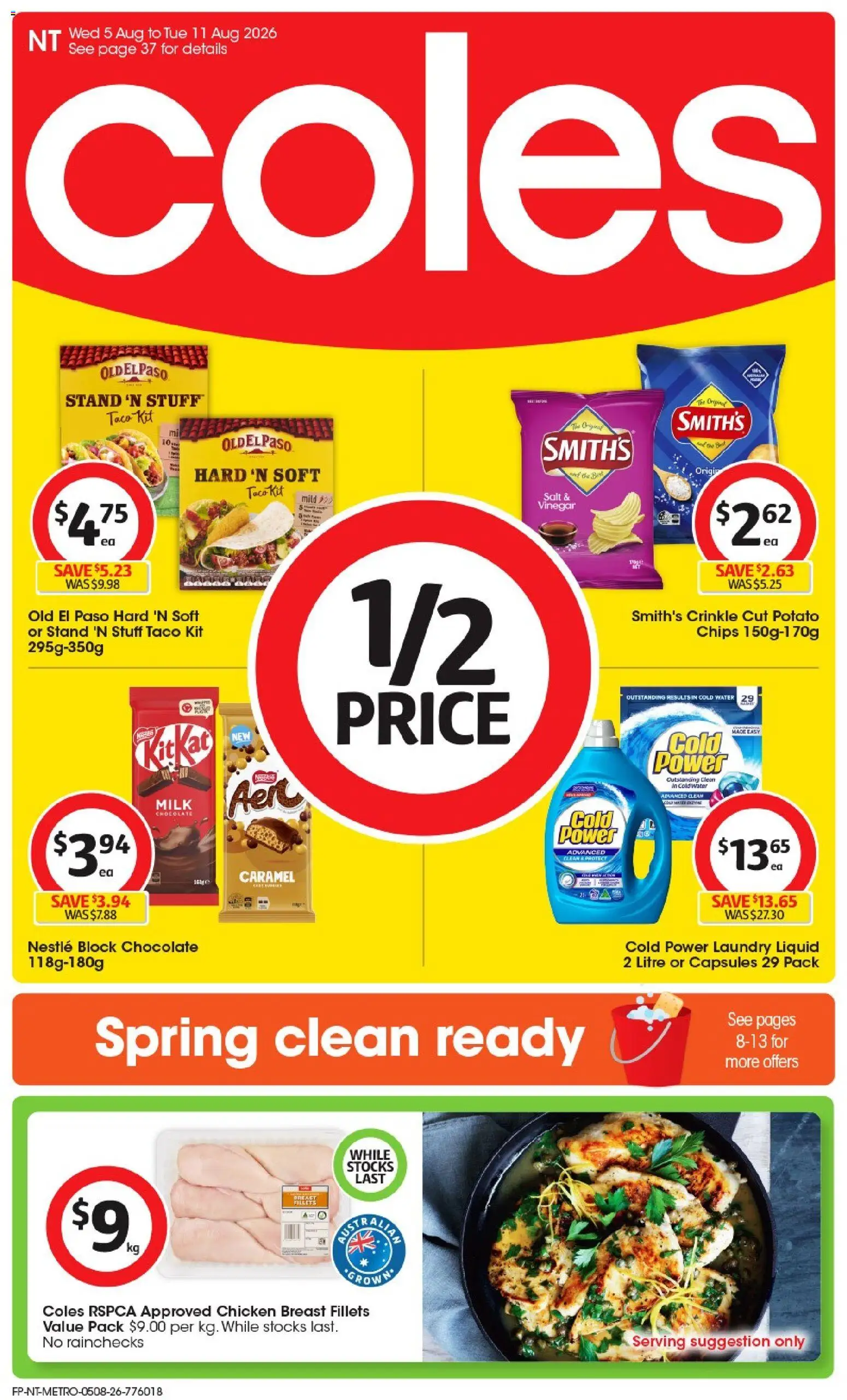 Preview of catalogue Coles catalogue NT from shop Coles valid 05/08/2026 - Milk, Chocolate, Chicken, Chicken breast, Salt, Vinegar, Laundry, Chocolate bar