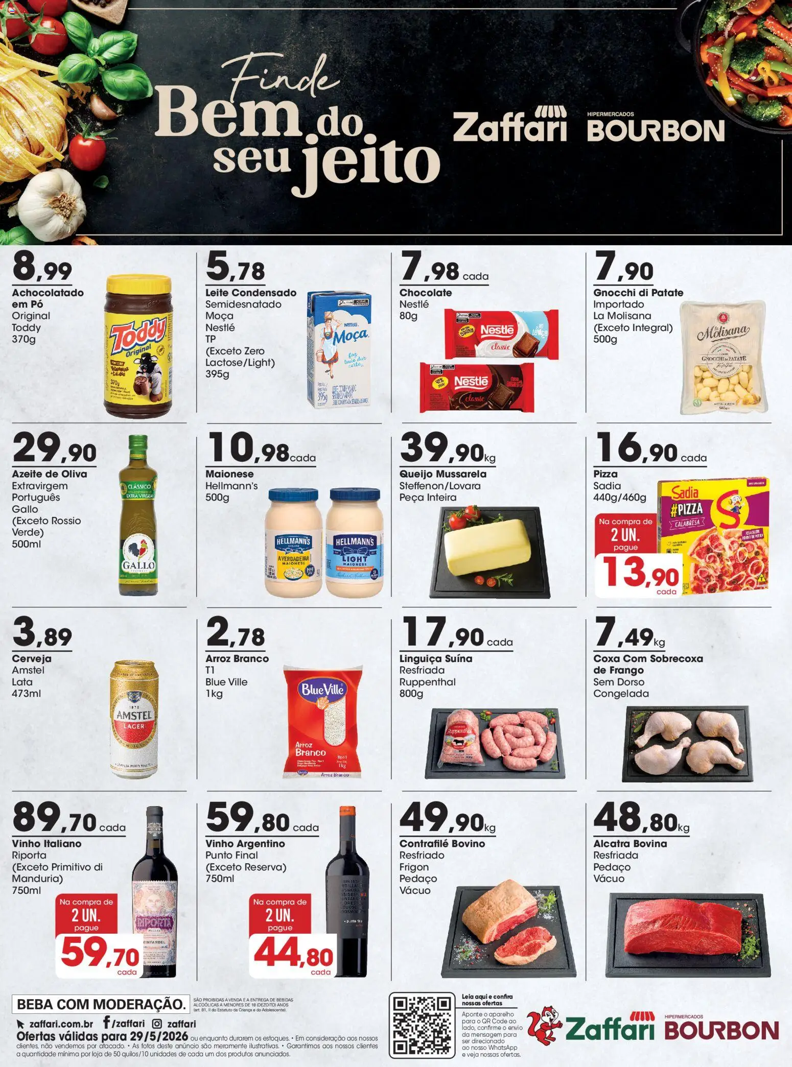 Pré-Visualização do folheto "Zaffari ofertas Final de Semana - SP" da loja Zaffari válido a partir de 29/05/2026 - Pizza, Vinho, Leite condensado, Arroz, Mussarela, Pó, Linguiça, Achocolatado