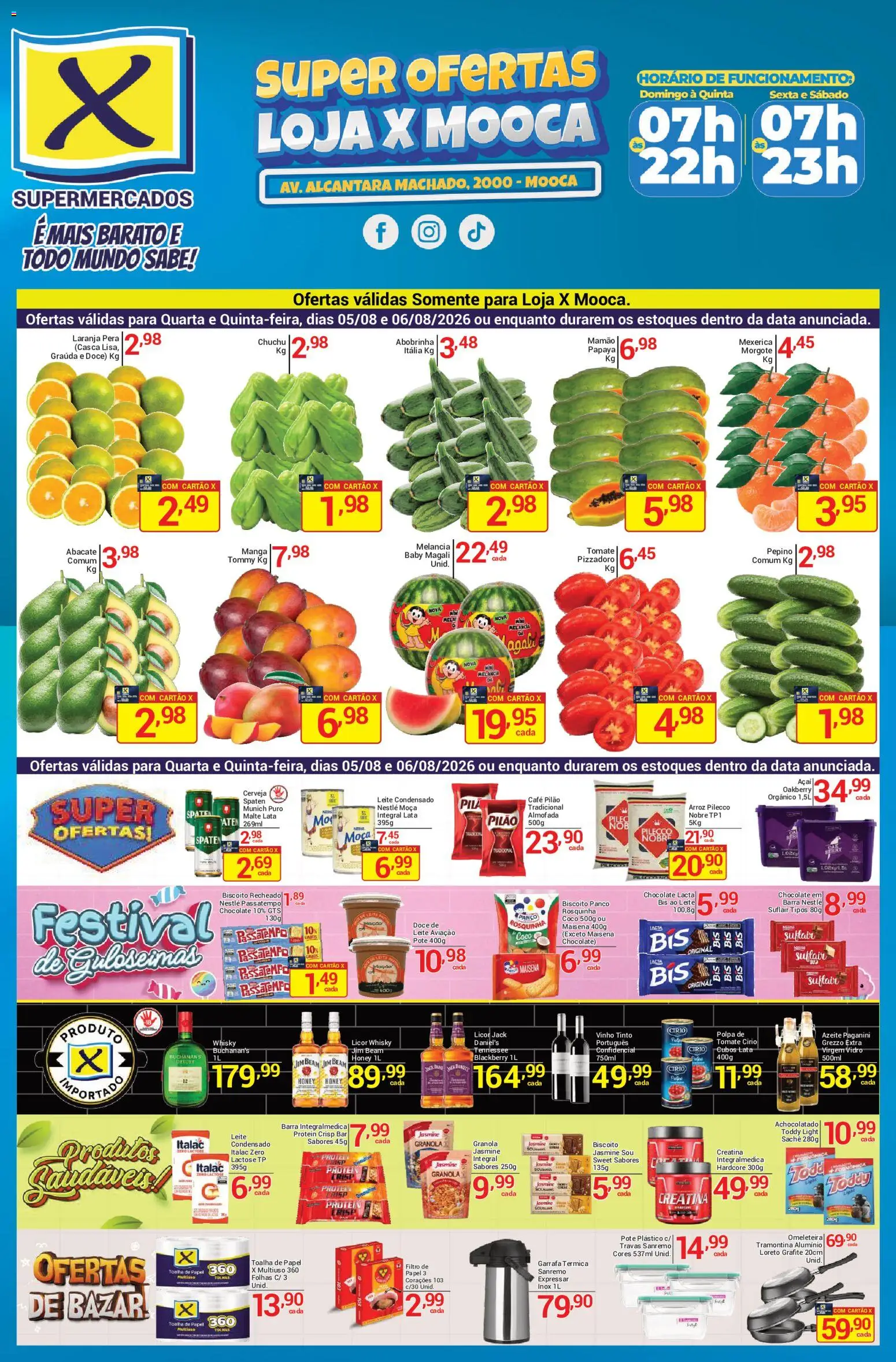Pré-Visualização do folheto "X Supermercados ofertas Mooca" da loja X Supermercados válido a partir de 05/08/2026 - Coco, Chocolate, Arroz, Biscoito, Pera, Mexerica, Omeleteira, Rosquinha