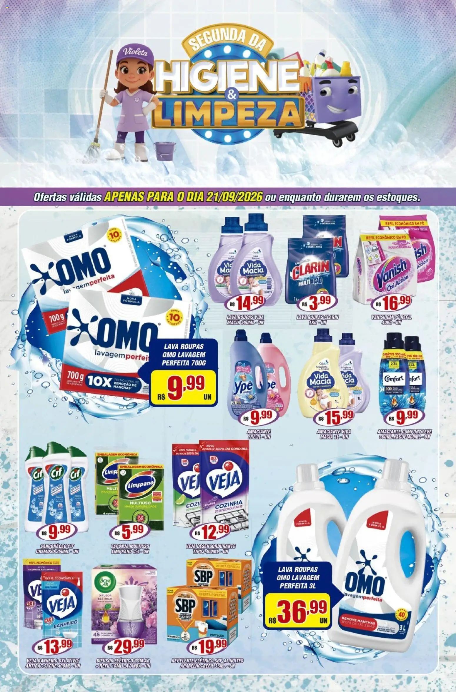 Pré-Visualização do folheto "Violeta Supermercados - Ofertas da semana" da loja Violeta Supermercados válido a partir de 21/09/2026 - Roupas, Difusor, Repelente, Vanish, Amaciante, Esponja, Cloro, Desengordurante