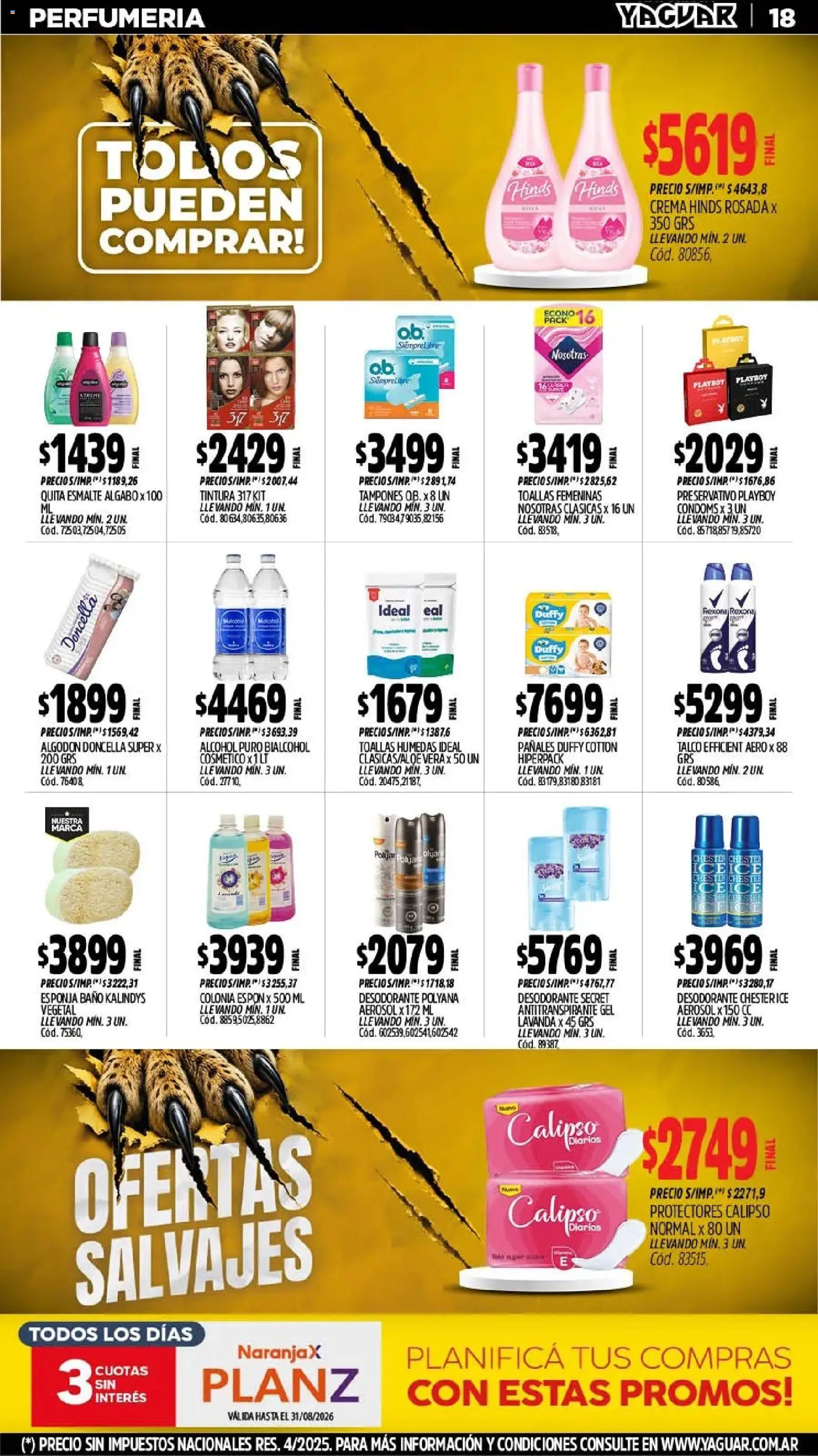 Vista previa del folleto de la tienda Yaguar válido desde el 10/08/2026 - Baño, Pañales, Crema, Desodorante, Toallas, Tampones, Esponja, Antitranspirante
