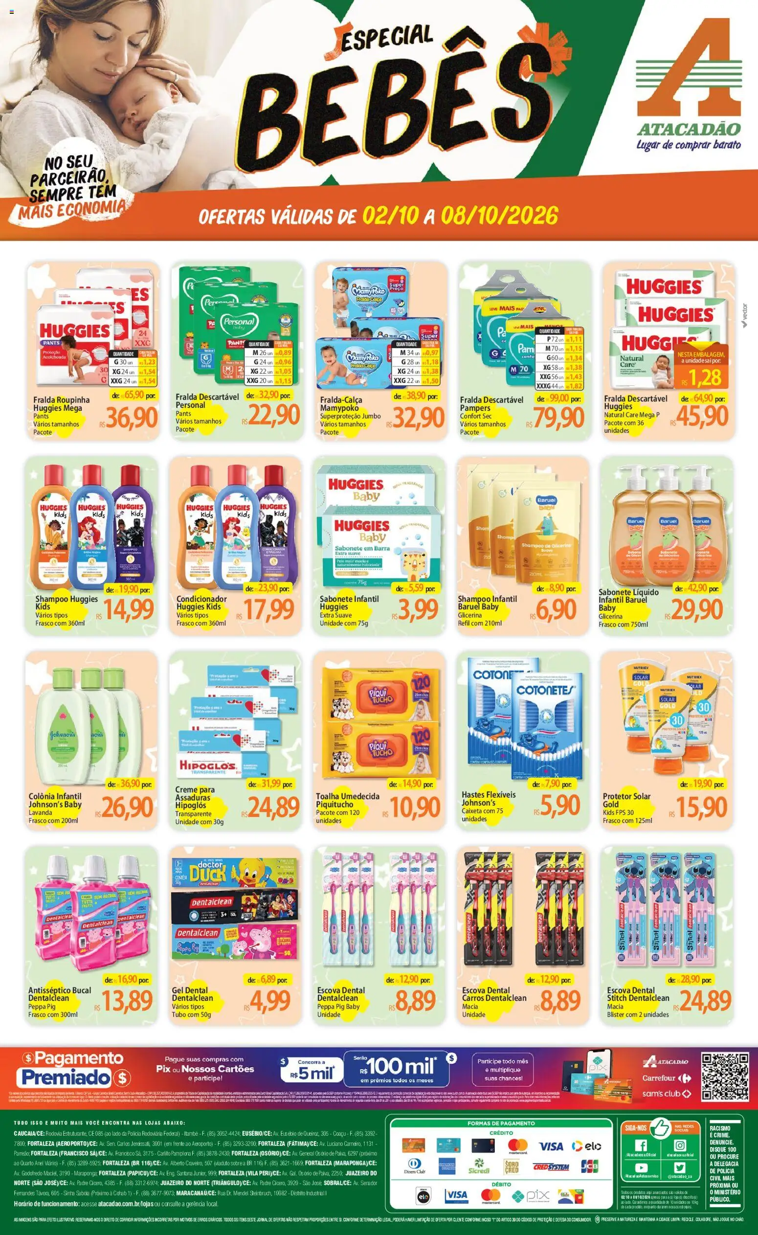 Pré-Visualização do folheto "Atacadão ofertas - CE" da loja Atacadão válido a partir de 02/10/2026 - Calça, Sabonete, Sabonete líquido, Hipoglós, Pampers, Creme, Shampoo infantil, Toalha umedecida