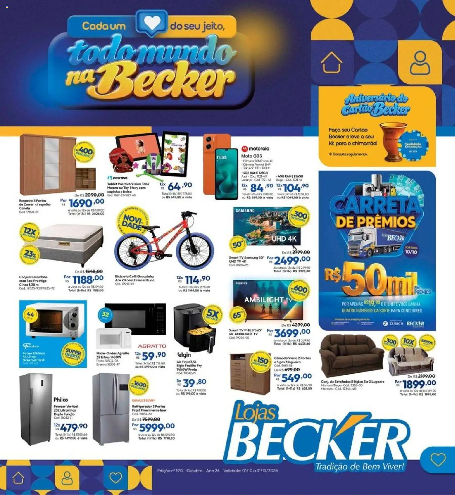 Pré-Visualização do folheto "Lojas Becker ofertas Outubro" da loja Lojas Becker válido a partir de 01/10/2026 - Bicicleta, Câmera, Bolsa, Freezer, Espelho, smart TV, Colchão, Grill