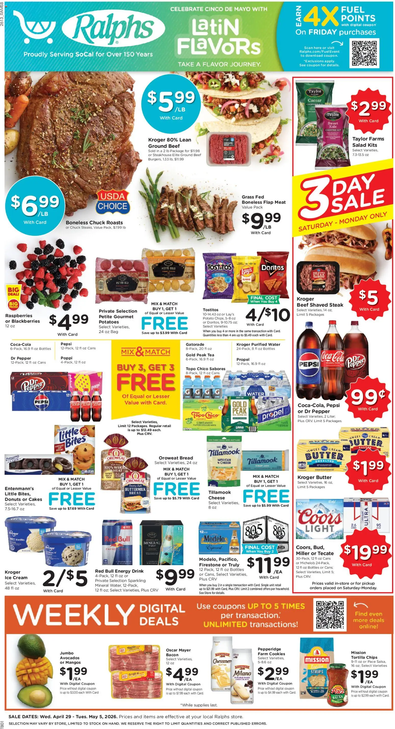Ad Preview of Ralphs Ralphs Weekly Ad from 04/29/2026 - Water, Ice, Salad, Potatoes, Red Bull, Meat, Pepper, Tortilla chips