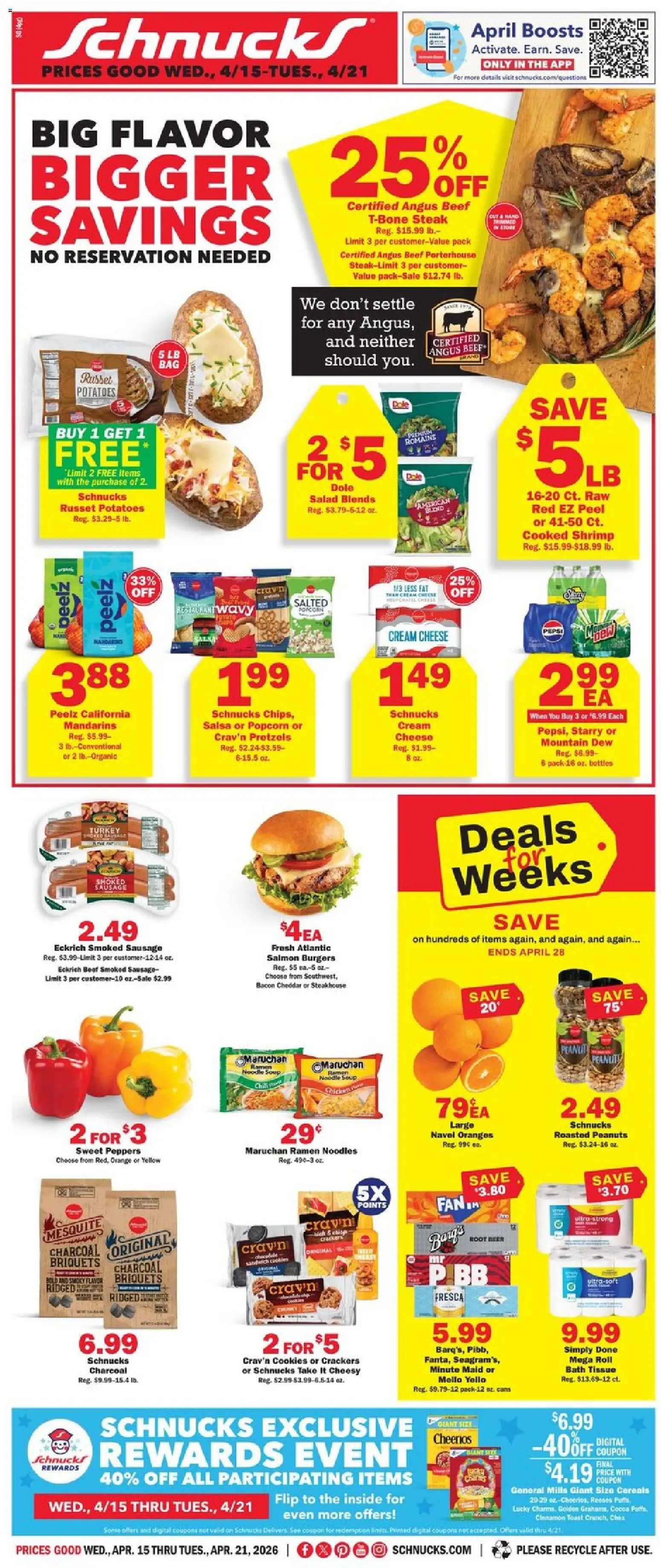 Ad Preview of Schnucks Schnucks Weekly Print Ad - MO from 04/15/2026 - Cocoa, Noodles, Salmon, Sausage, Peanuts, Cream cheese, Mandarins, Romaine