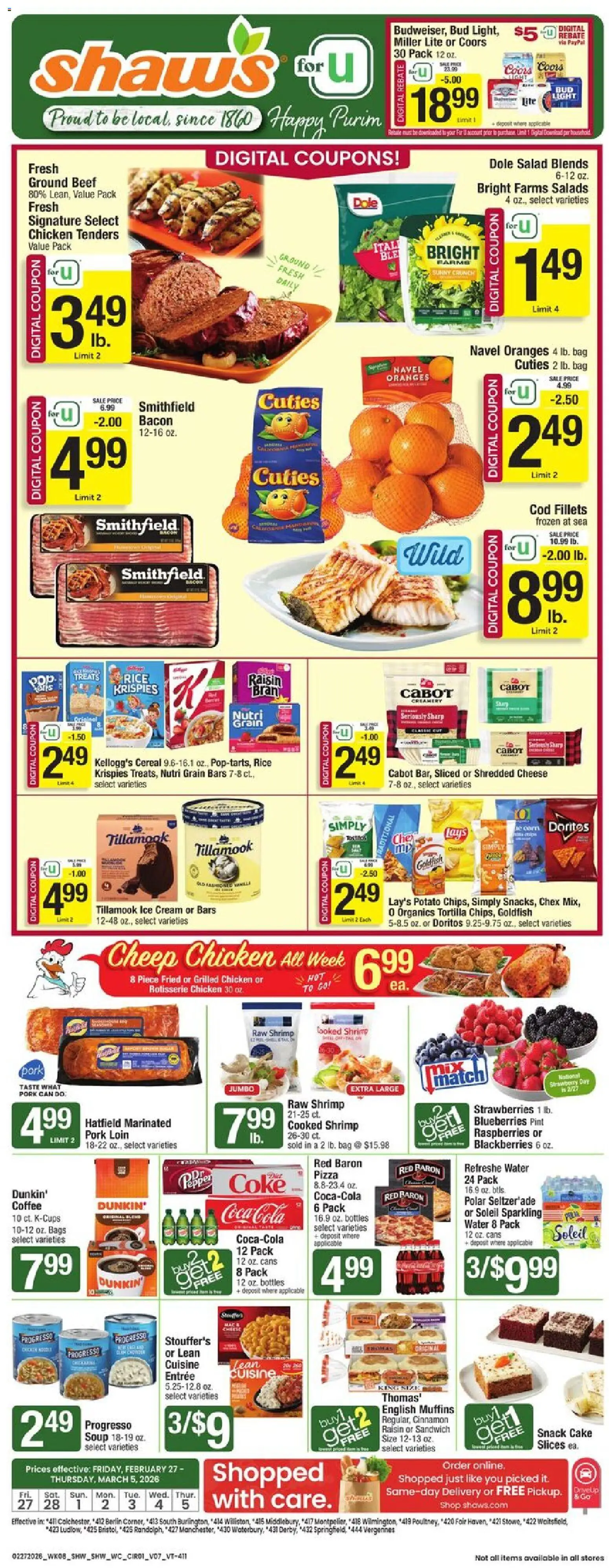 Ad Preview of Shaw's Weekly Ad - VT from 02/27/2026 - Pizza, Coffee, Water, Oranges, Blueberries, Beef, Pork, Vanilla