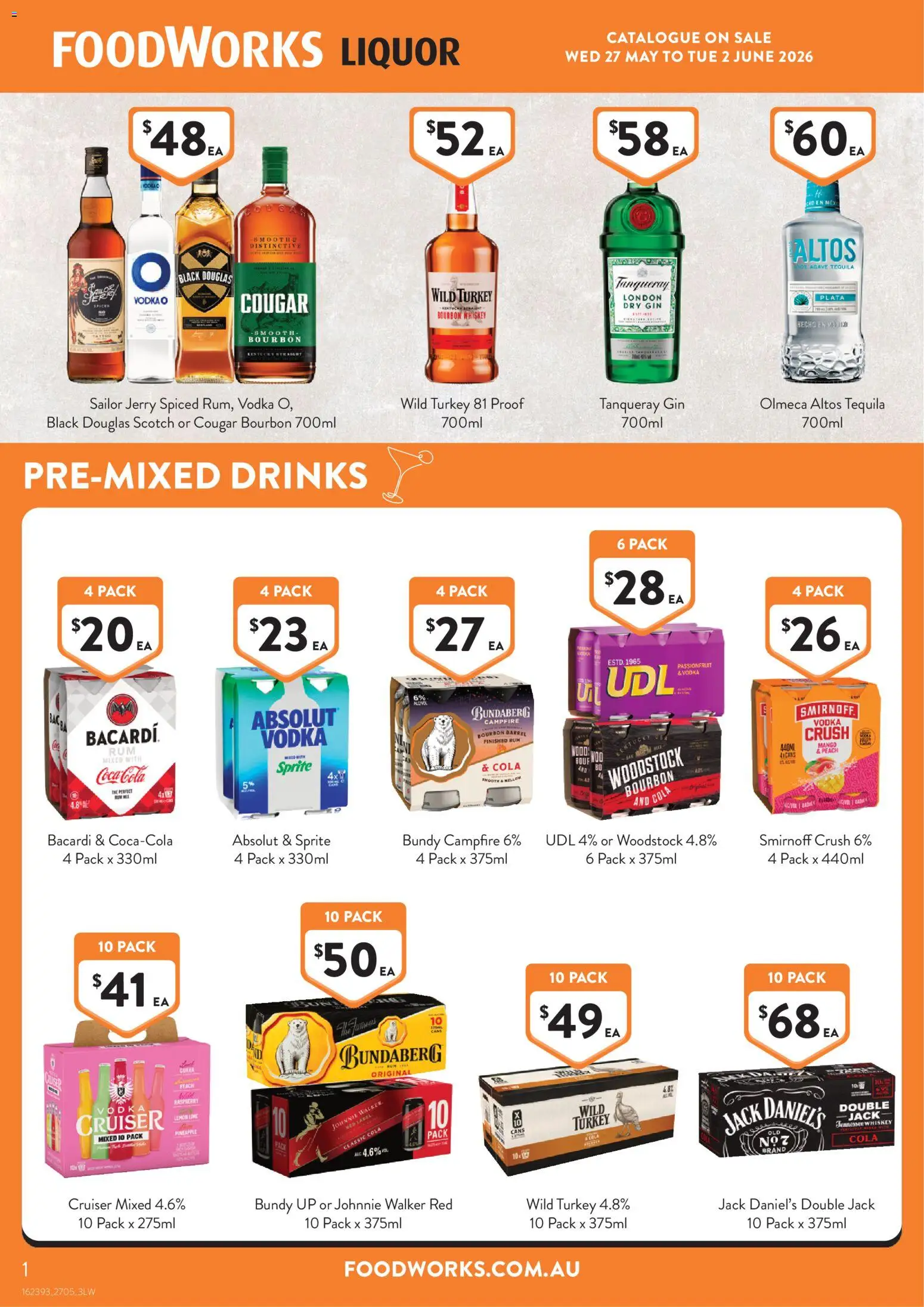 Preview of catalogue Foodworks Liquor from shop Foodworks valid 25/05/2026 - Box, Tequila, Bourbon, Vodka, Whiskey, Lemon, Peach, Sprite