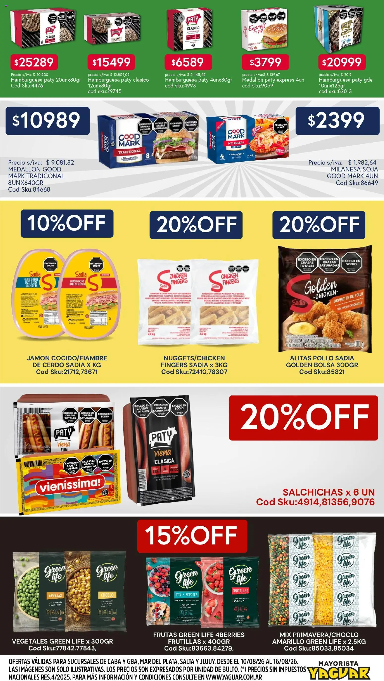 Vista previa del folleto de la tienda Yaguar válido desde el 10/08/2026 - Hamburguesa, Milanesa, Pollo, Frutillas, Cerdo, Arvejas, Choclo, Salchichas