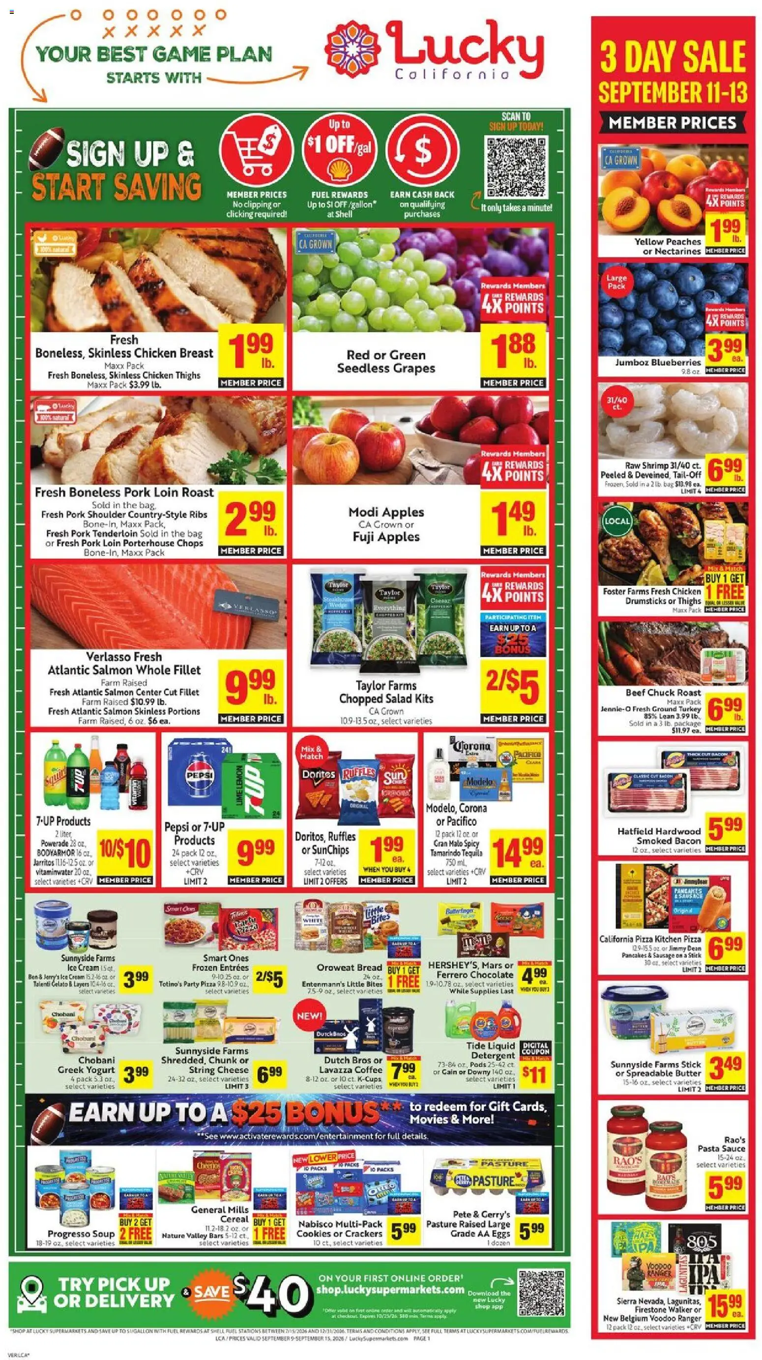 Ad Preview of Lucky Supermarkets Lucky Supermarkets Weekly Ad from 09/09/2026 - Pasta, Peaches, Butter, Vitamin, Lime, Pork, Pork tenderloin, Pork loin