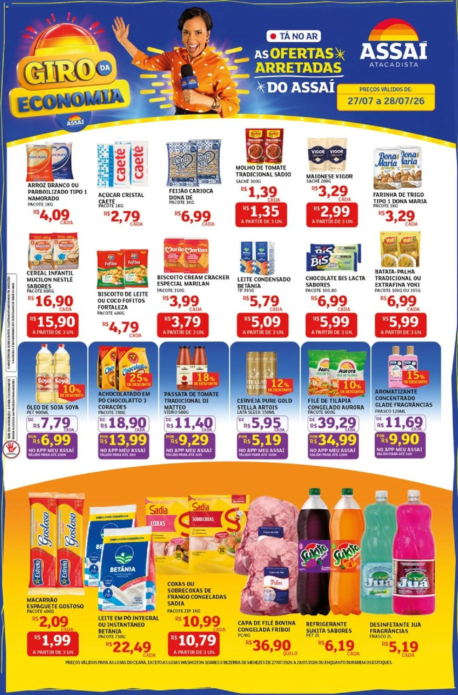 Pré-Visualização do folheto "Assaí Atacadista ofertas - CE" da loja Assaí Atacadista válido a partir de 27/07/2026 - Chocolate, Feijão, Desinfetante, Leite em pó, Espaguete, Achocolatado, Tilápia, Maionese vigor