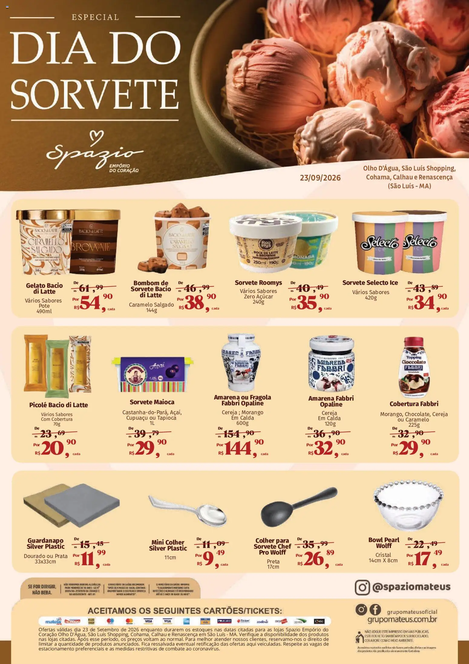 Pré-Visualização do folheto "Mateus ofertas Dia do Sorvete" da loja Mateus válido a partir de 23/09/2026 - Sorvete, Açaí, Tapioca, Doce de leite, Doce, Cereja, Picolé, Pó