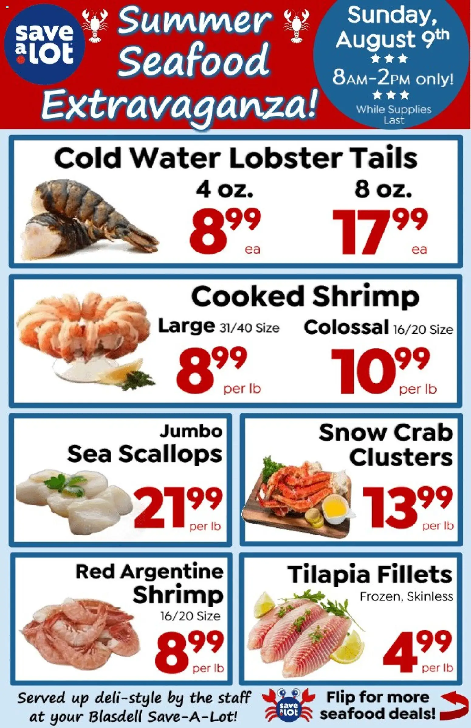 Ad Preview of Save a Lot Save a Lot Ad from 08/09/2026 - Seafood, Water, Shrimp, Tilapia