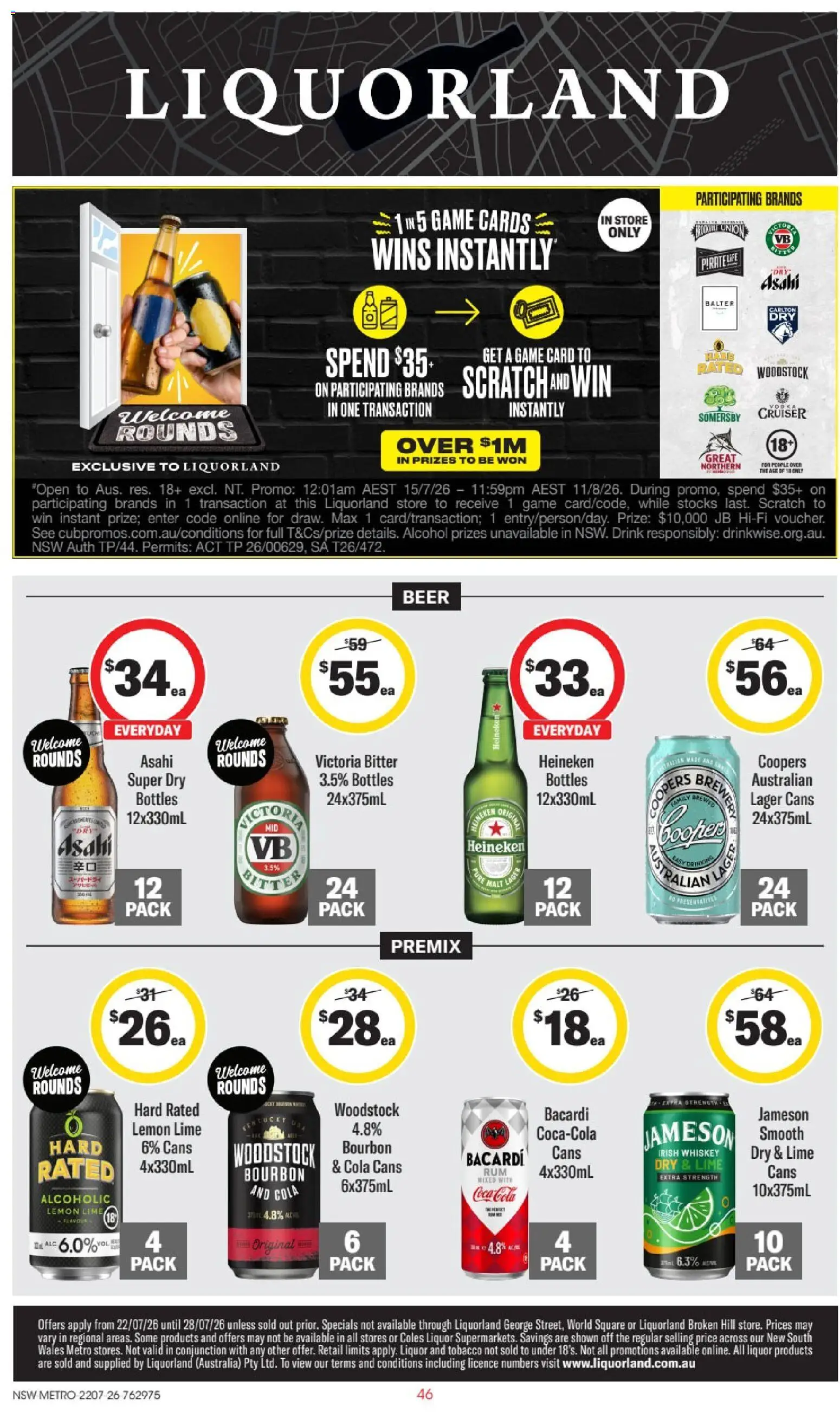 Preview of catalogue Liquorland catalogue NSW from shop Liquorland valid 22/07/2026 - Alcohol, Heineken, Beer, Bourbon, Whiskey, Lime, Bacardi, Irish whiskey