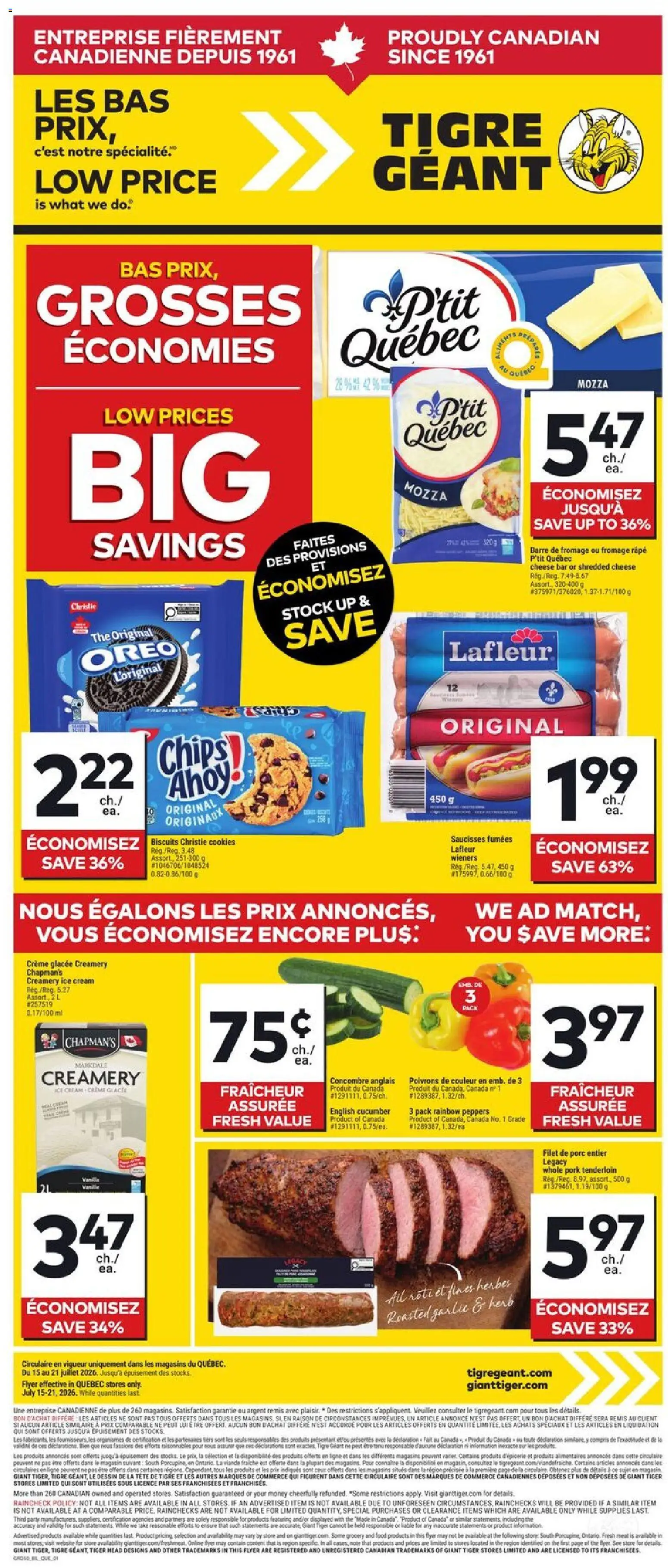 Preview of leaflet Giant Tiger weekly flyer / circulaire from shop Giant Tiger is valid from Jul 15, 2026 - Food, Ice cream, Cheese, Ice, Chips, Biscuits, Cream, Garlic