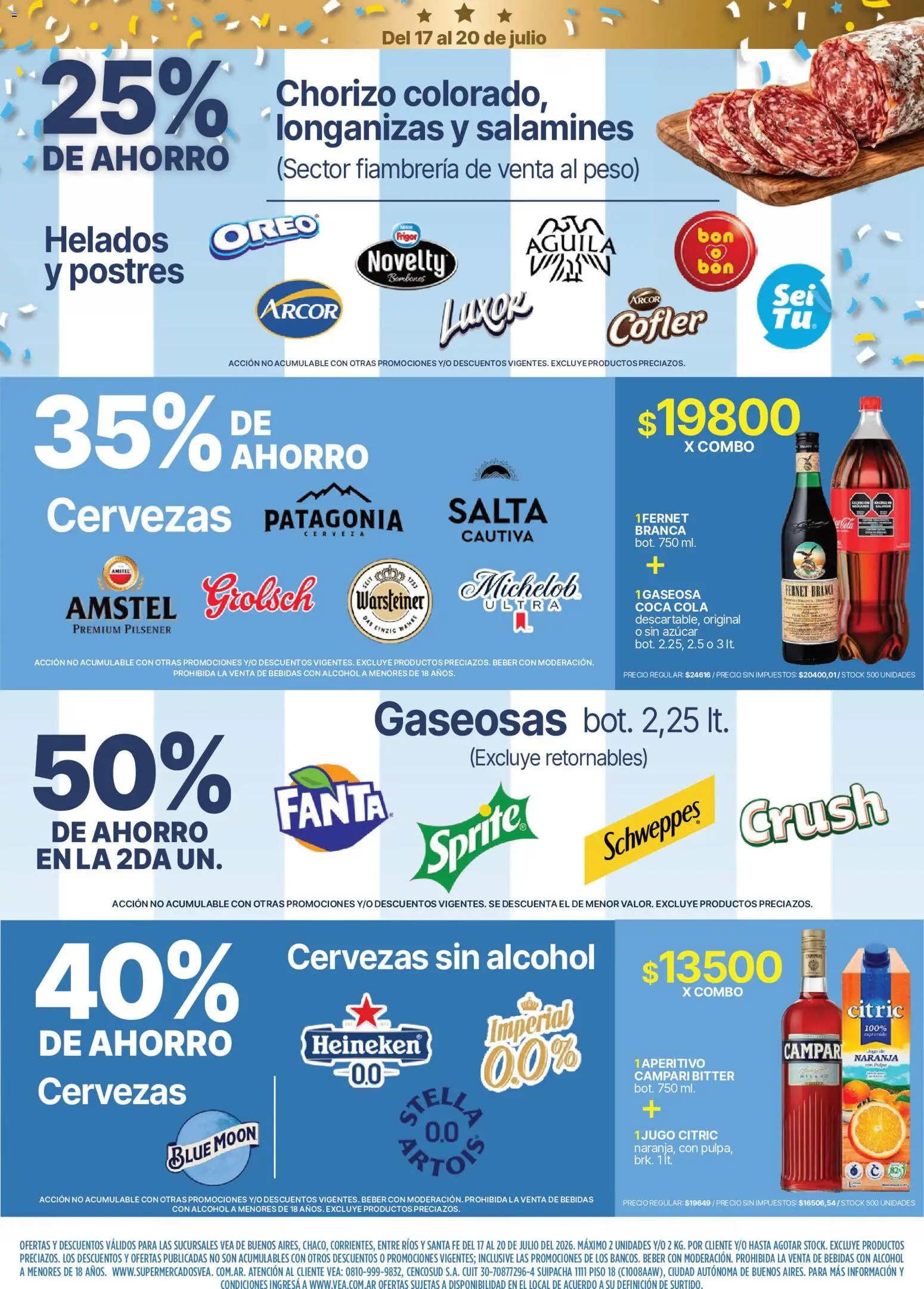 Vista previa del folleto de la tienda Vea válido desde el 17/07/2026 - Peso, Bebidas, Alcohol, Campari, Sprite, Bombones, Jugo, Fanta