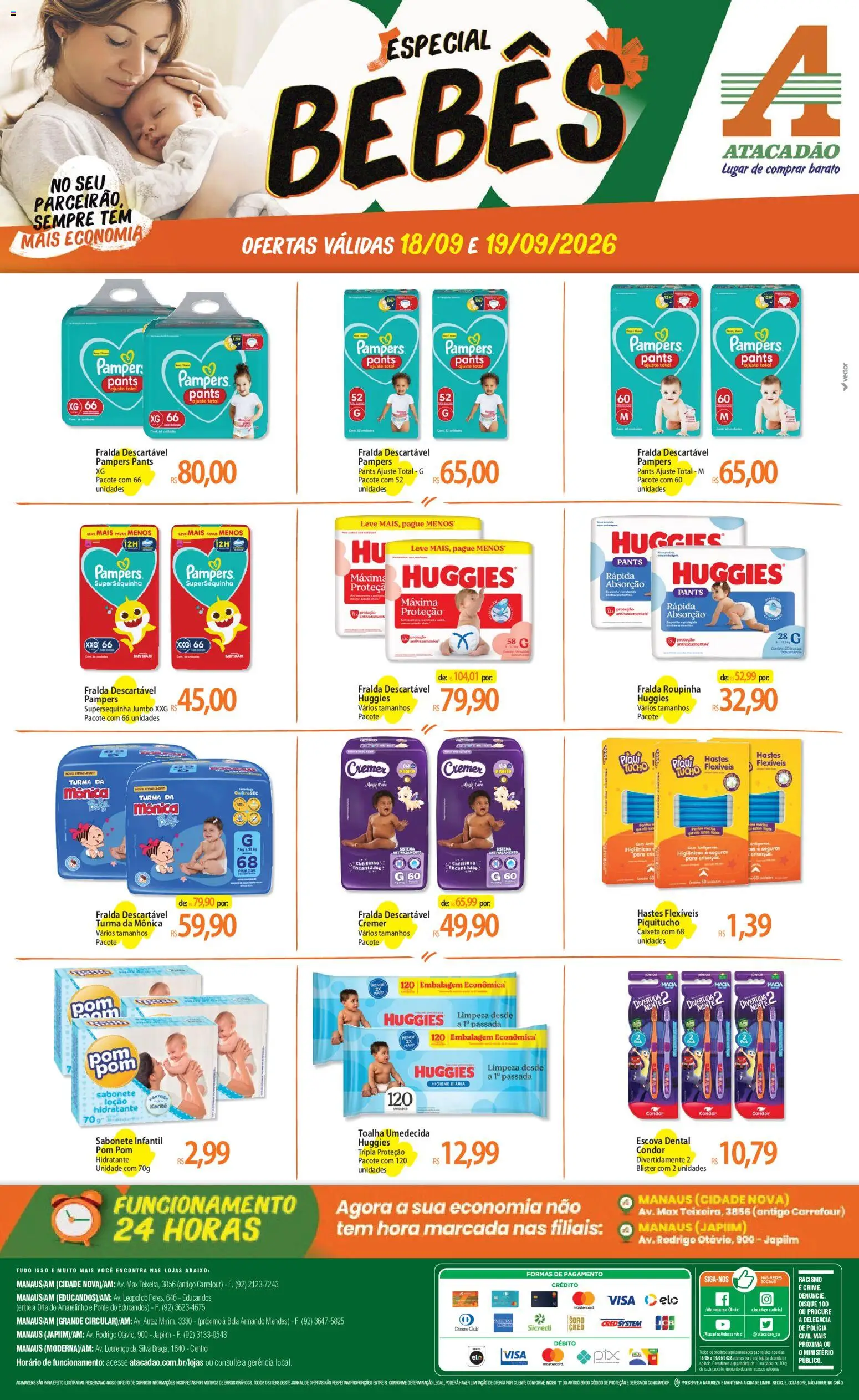 Pré-Visualização do folheto "Atacadão ofertas - AM" da loja Atacadão válido a partir de 18/09/2026 - Sabonete, Pampers, Escova, Cará, Toalha umedecida, Fralda descartável huggies