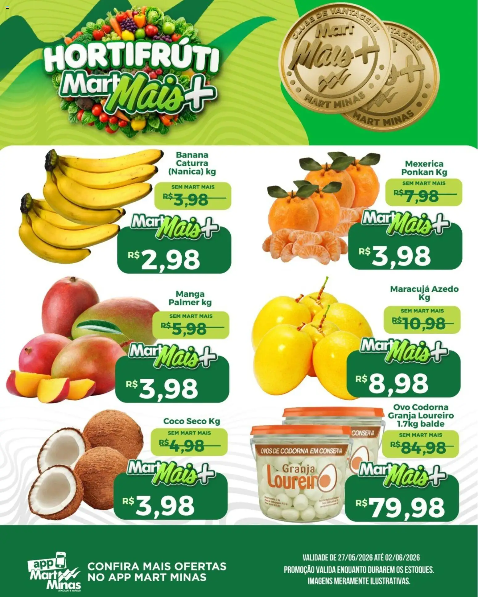 Pré-Visualização do folheto "Mart Minas ofertas Hortifruti" da loja Mart Minas válido a partir de 27/05/2026 - Coco, Manga, Ovos, Maracujá, Mexerica, Balde, Ovos de codorna