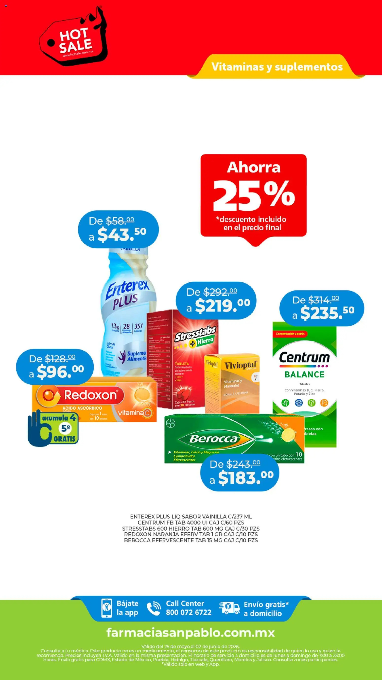 Vista previa las ofertas de la tienda Farmacia San Pablo - Farmacia San Pablo Hot Sale desde el 25/05/2026 - Proteína, Vitaminas, Vainilla, Caja, Tableta, Frasco