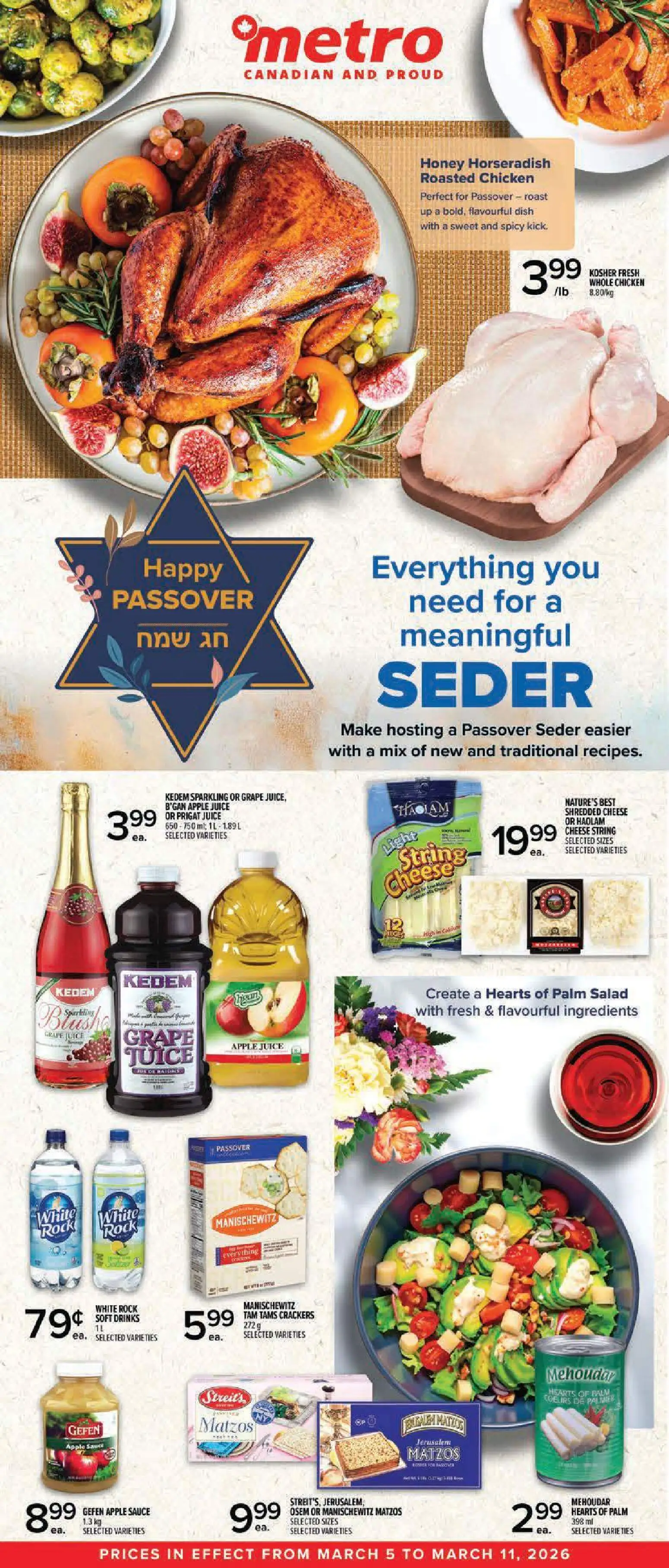 Preview of leaflet Metro Passover Flyer - Alma from shop Metro is valid from Mar 05, 2026 - Chicken, Juice, Crackers, Horseradish, Roast, Ingredients, Apple juice, Whole chicken