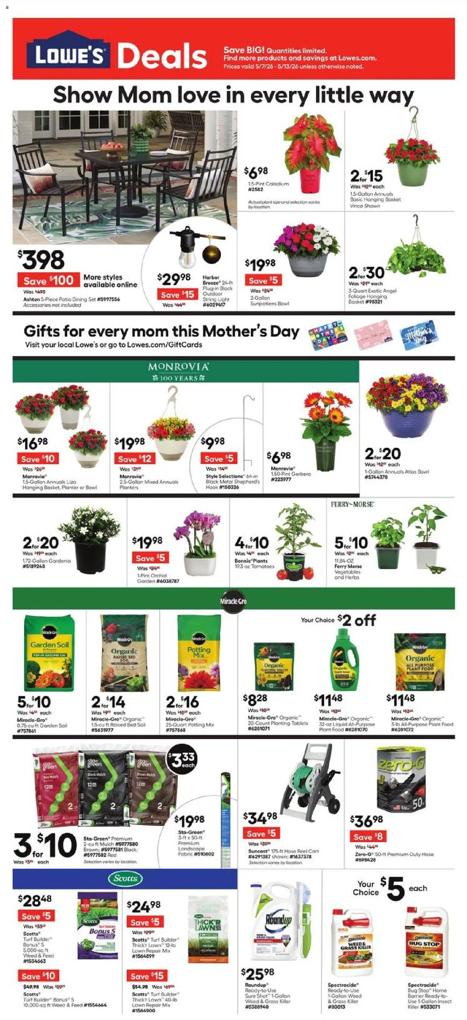 Ad Preview of Lowe's Lowe's Weekly Ad from 05/07/2026 - Orchid, Tomatoes, Peach, Basket, Herbs, Soil, Garden soil, Dining set
