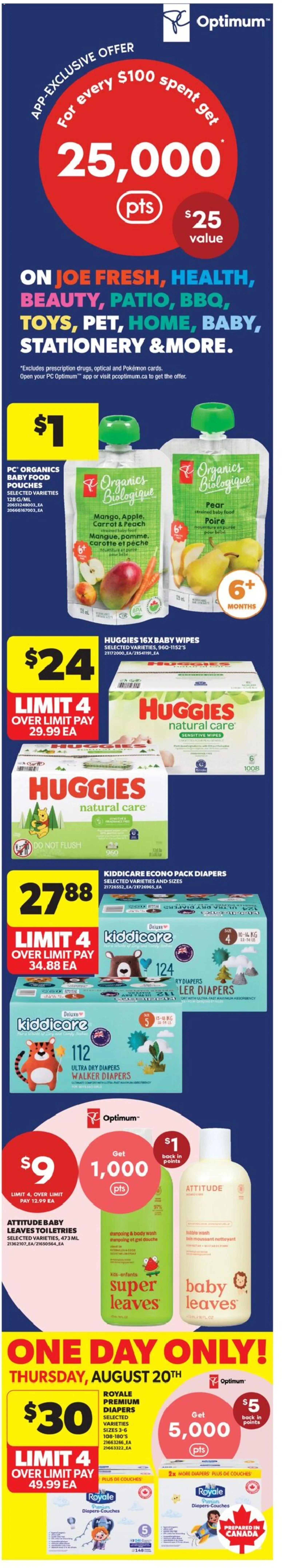 Preview of leaflet Real Canadian Superstore weekly flyer / circulaire from shop Real Canadian Superstore is valid from Aug 20, 2026 - Food, PC, Carrot, Diapers, Body wash
