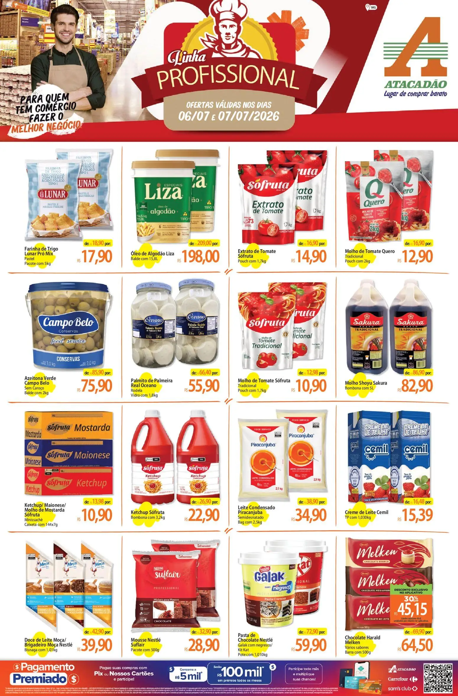 Pré-Visualização do folheto "Atacadão ofertas - MG" da loja Atacadão válido a partir de 06/07/2026 - Chocolate, Doce, Ferro, Mousse, Pasta, Algodão, Balde, Molho shoyu