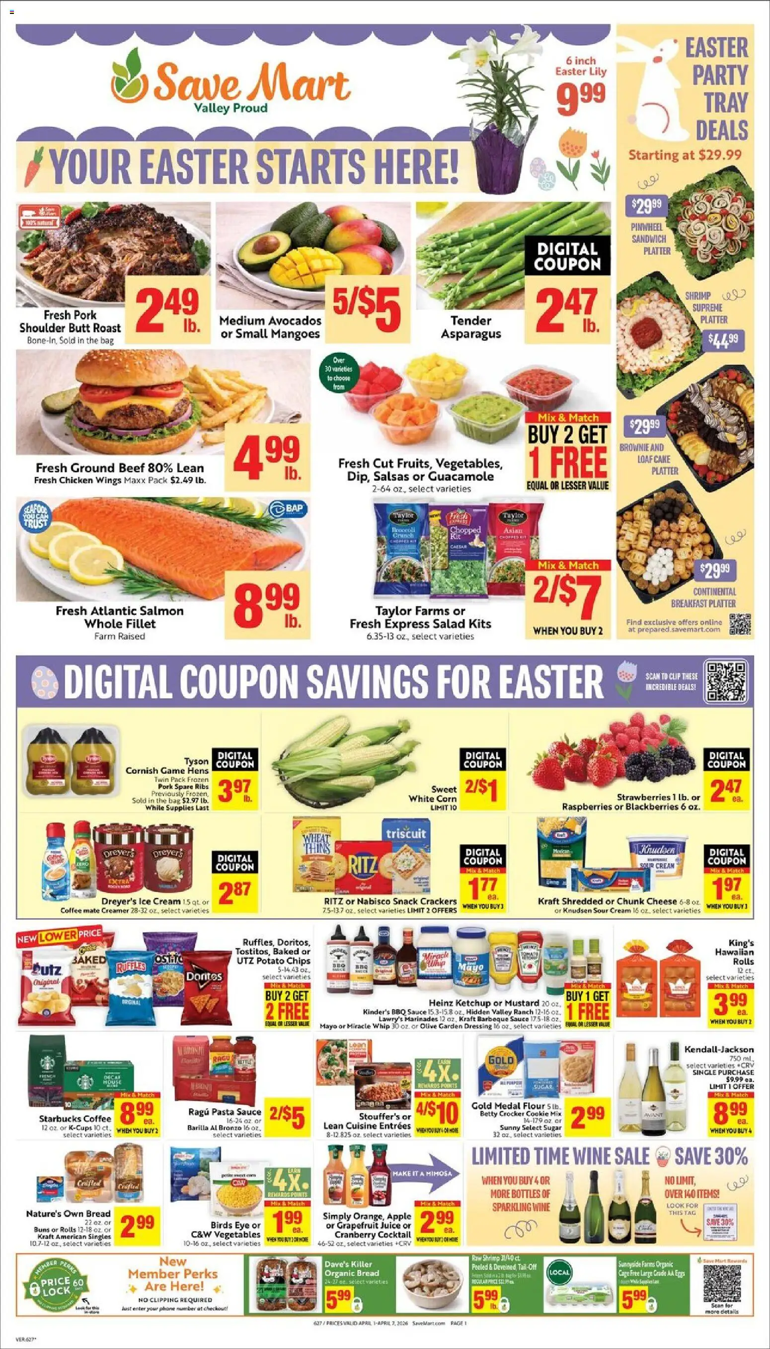 Ad Preview of Save Mart Save Mart Weekly Ad from 04/01/2026 - Pasta, Chips, Salmon, Corn, Flour, Potato chips, Sauce, Chicken