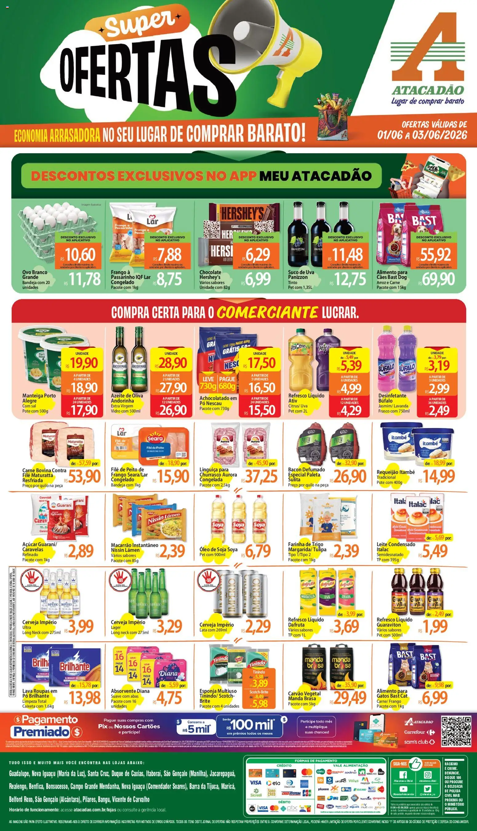 Pré-Visualização do folheto "Atacadão ofertas - RJ" da loja Atacadão válido a partir de 01/06/2026 - Cerveja, Macarrão, Carne, Maracujá, Manteiga, Açúcar, Linguiça, Carne bovina