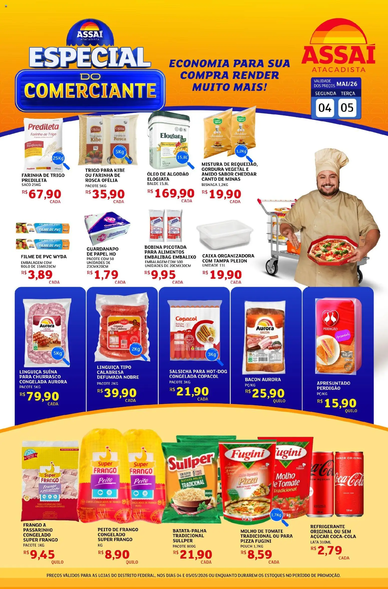 Pré-Visualização do folheto "Assaí Atacadista ofertas - DF" da loja Assaí Atacadista válido a partir de 04/05/2026 - Caixa organizadora, Salsicha, Batata, Tomate, Farinha de trigo, Cola, Alimentos, Guardanapo