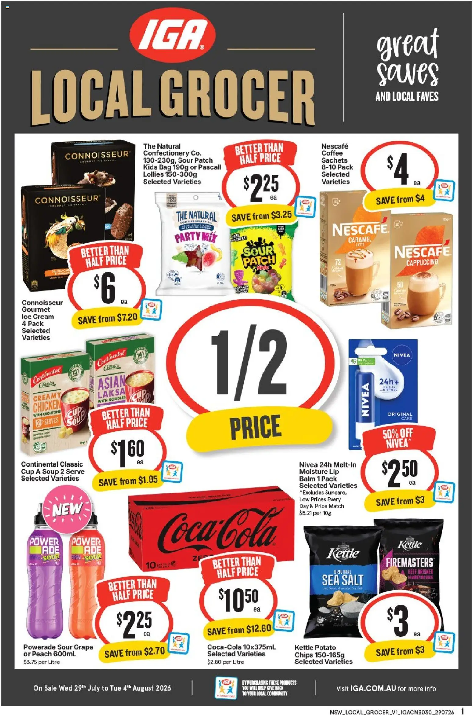 Preview of catalogue IGA Local Grocer NSW V1 from shop IGA valid 29/07/2026 - Coffee, Beef, Lollies, Chips, Cream, Ice cream, Sauce, Kettle