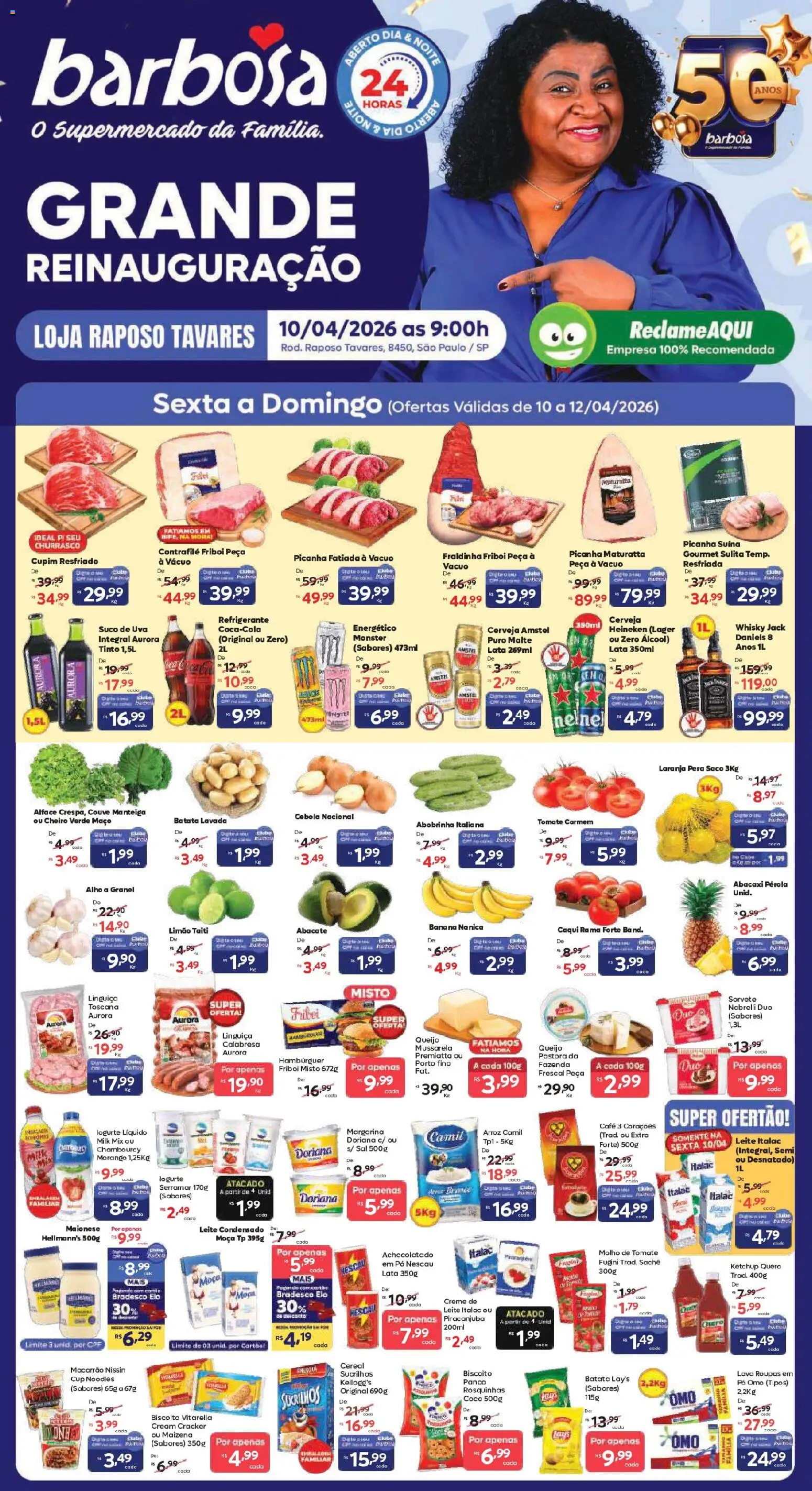 Pré-Visualização do folheto "Barbosa Supermercados ofertas Reinauguração Raposo Tavares" da loja Barbosa Supermercados válido a partir de 10/04/2026 - Sorvete, Monster, Arroz, Caqui, Fraldinha, Molho de tomate, Alho, Cream cracker