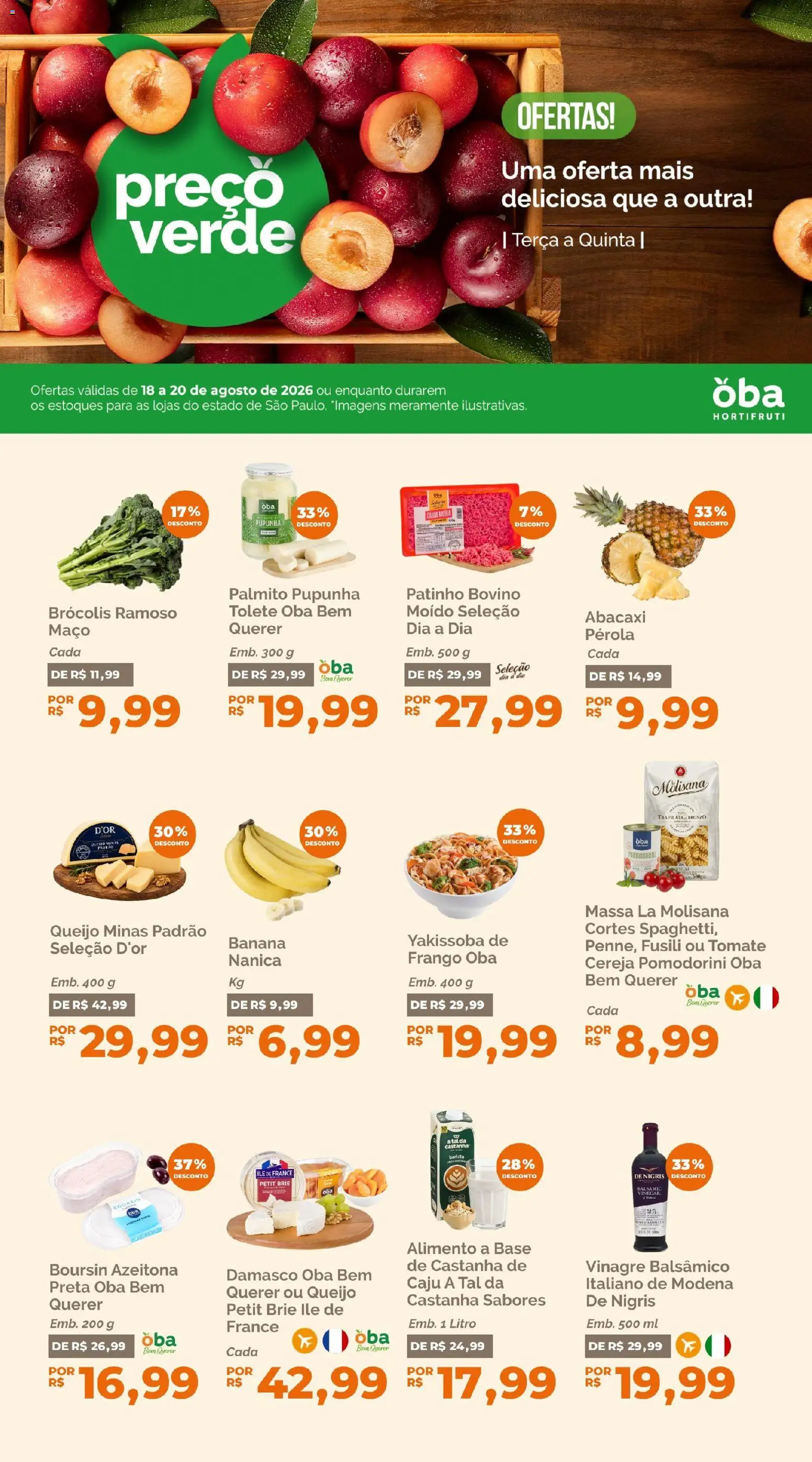 Pré-Visualização do folheto "Oba Hortifruti - Ofertas da semana" da loja Oba Hortifruti válido a partir de 18/08/2026 - Base, Abacaxi, Brócolis, Queijo, Frango, Palmito, Pupunha, Vinagre