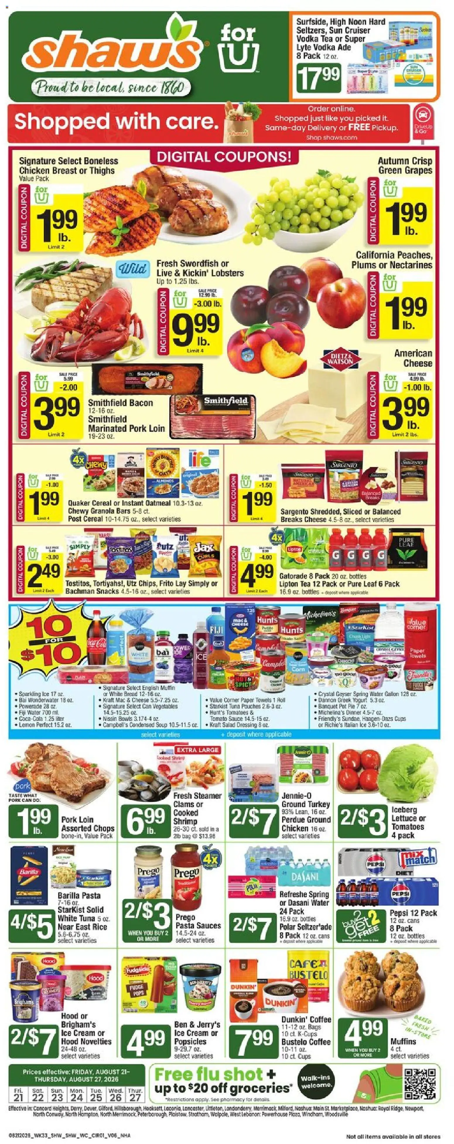 Ad Preview of Shaw's Shaw's Weekly Ad - NH from 08/21/2026 - Coffee, Vegetables, Cheese, Oatmeal, Pepsi, Greek yogurt, Plums, Bag