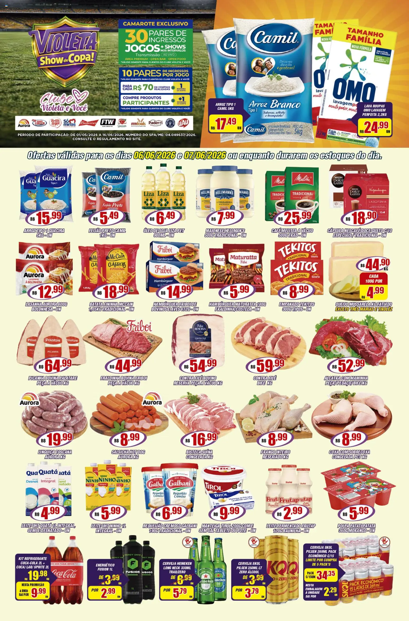 Pré-Visualização do folheto "Violeta Supermercados - Ofertas da semana" da loja Violeta Supermercados válido a partir de 06/06/2026 - Heineken, Álcool, Batata, Maionese, Requeijão, Linguiça, Contra filé, Frango inteiro